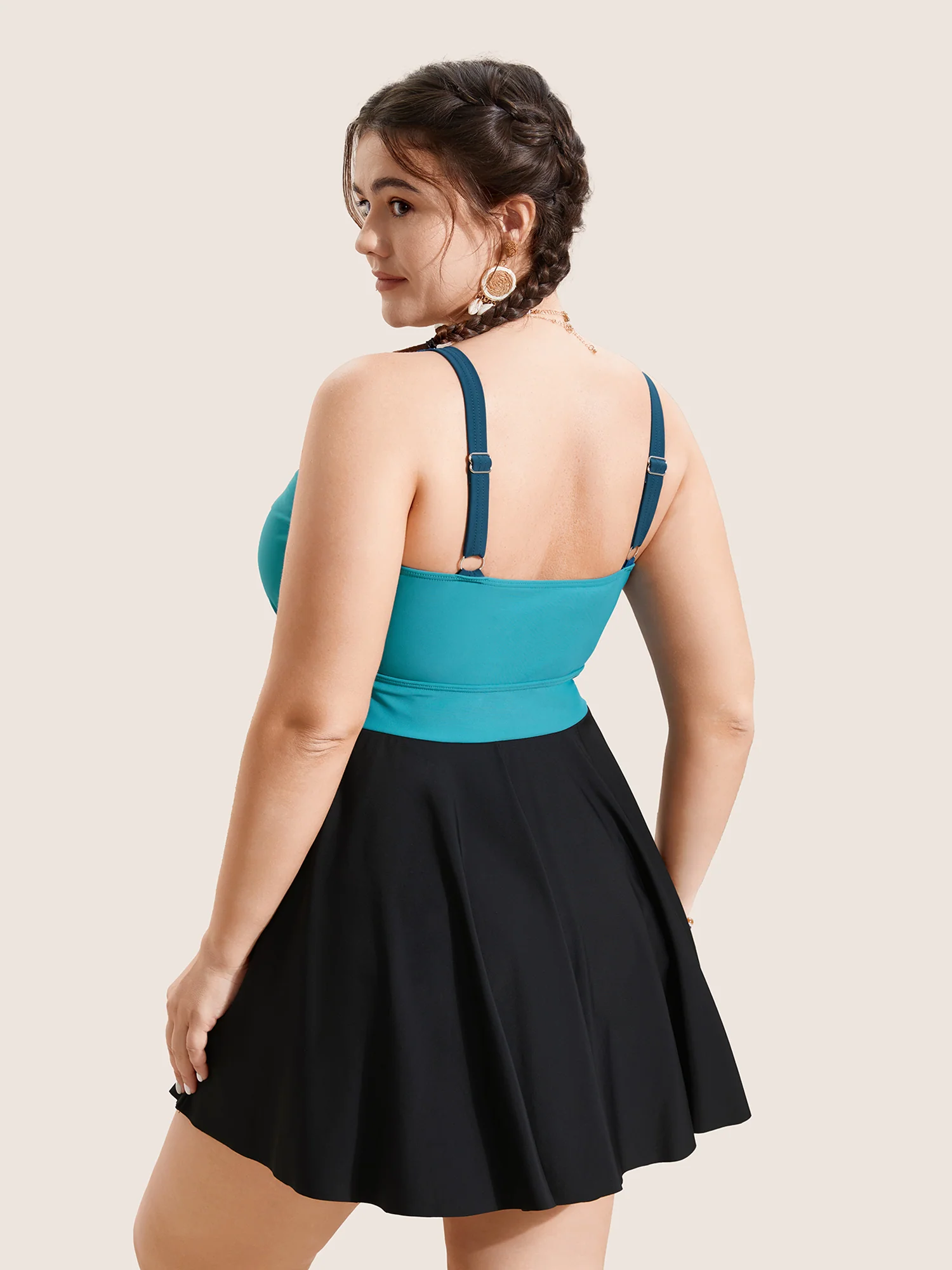 V Neck Patchwork Contrast Gathered Swim Dress - Image 2