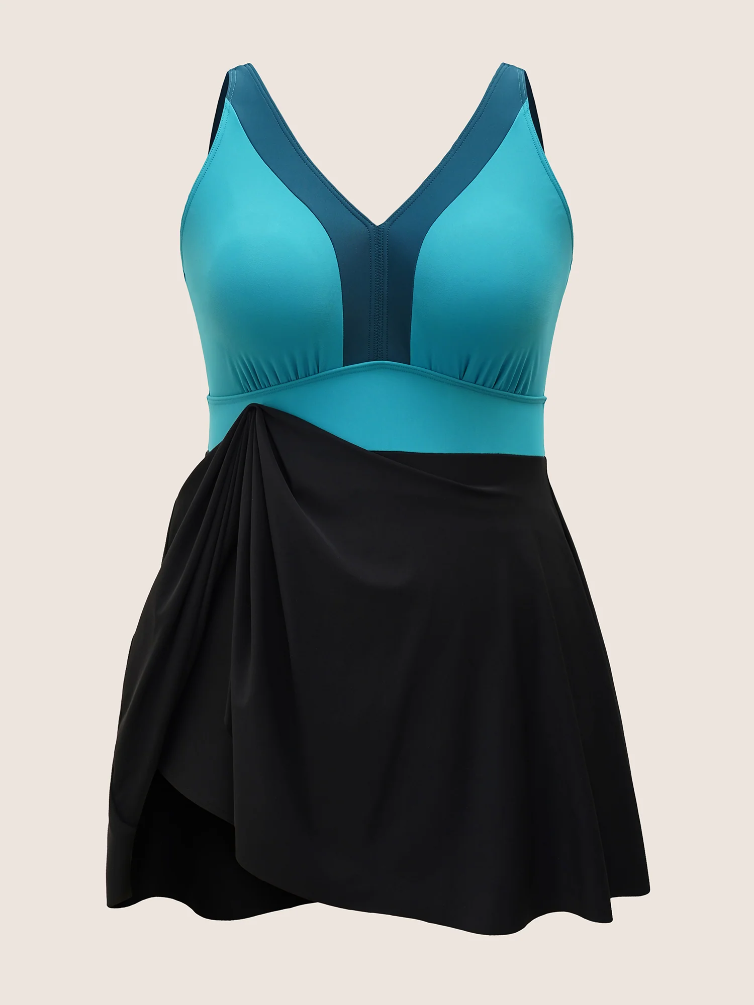 V Neck Patchwork Contrast Gathered Swim Dress - Image 6