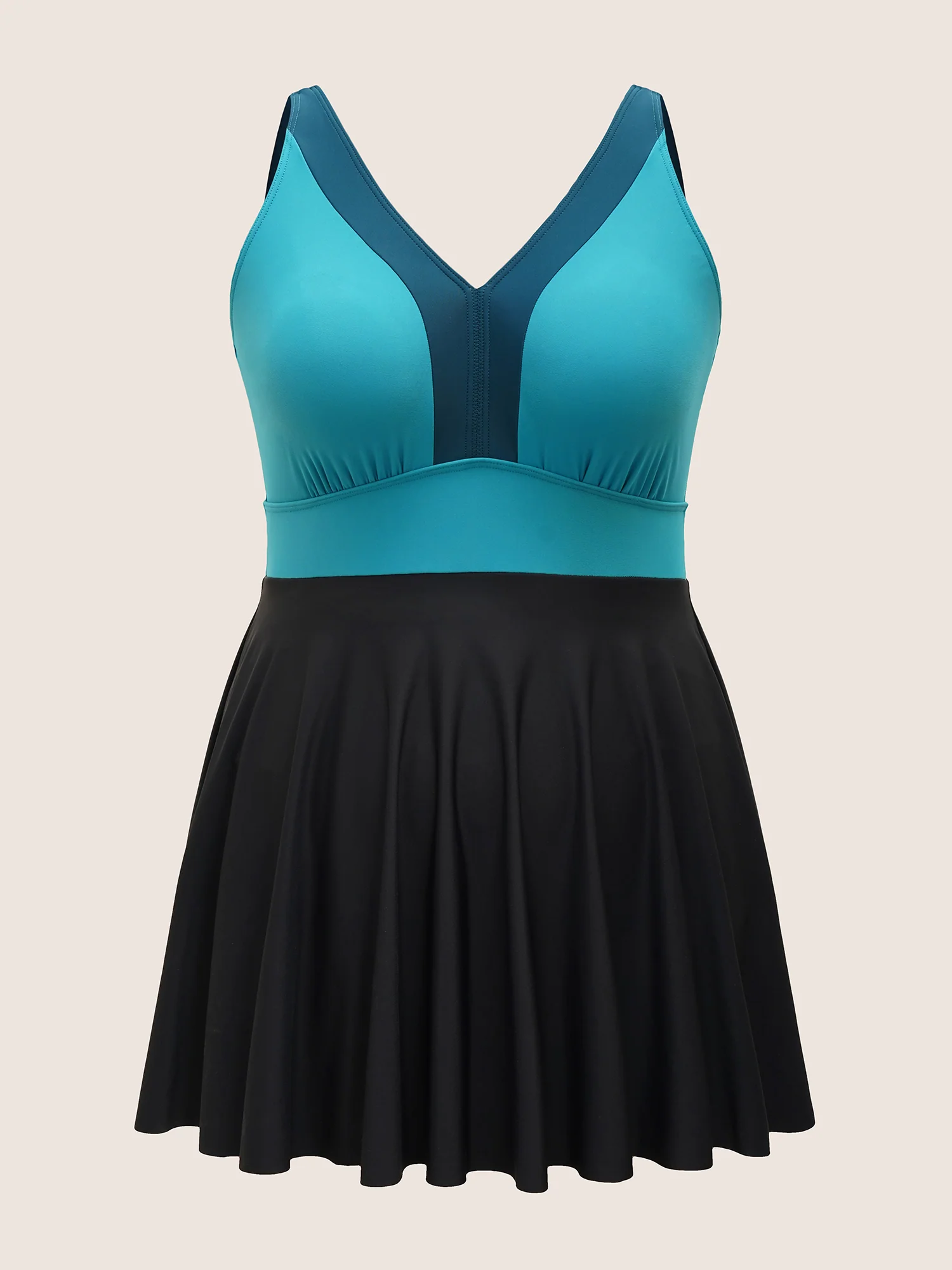 V Neck Patchwork Contrast Gathered Swim Dress - Image 7