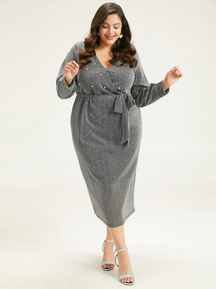 V Neck Pearl Beaded Belted Dress - Image 2