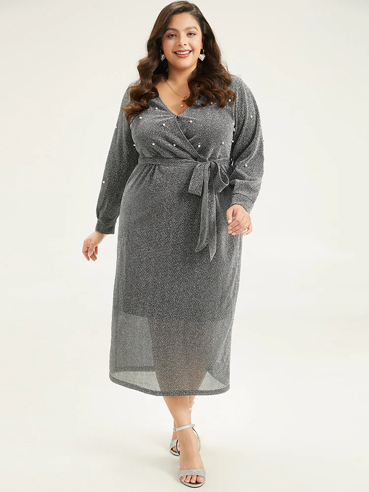 V Neck Pearl Beaded Belted Dress - Image 3