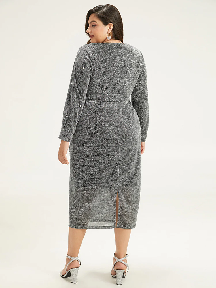 V Neck Pearl Beaded Belted Dress - Image 4