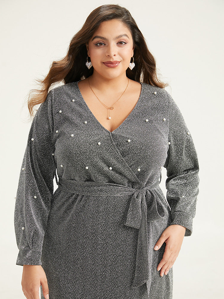 V Neck Pearl Beaded Belted Dress - Image 5