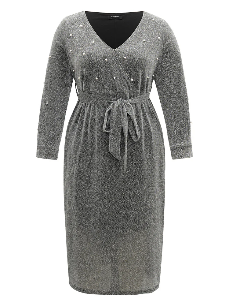 V Neck Pearl Beaded Belted Dress - Image 9