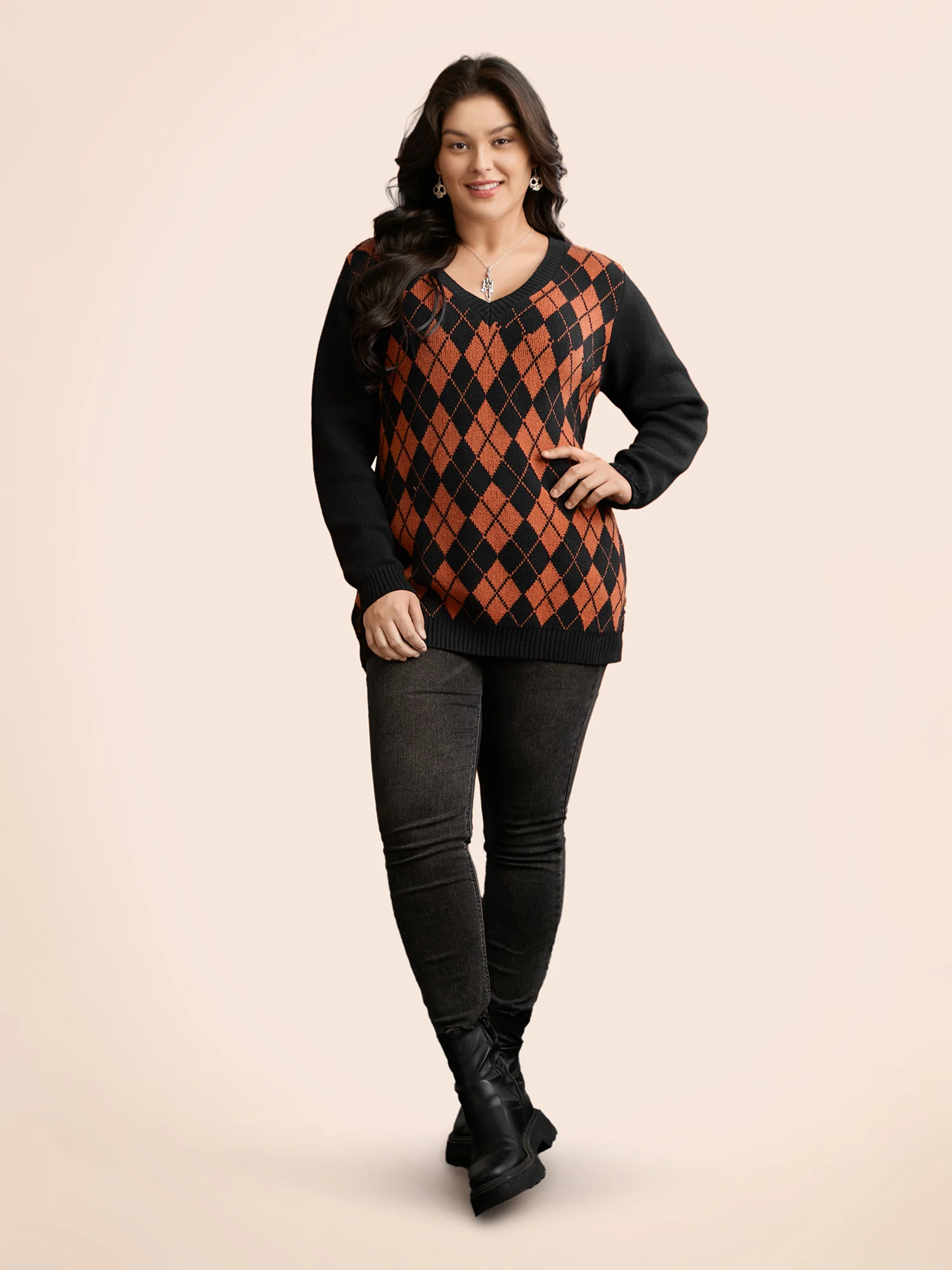 V-Neck Plaid Print Pullover - Image 2