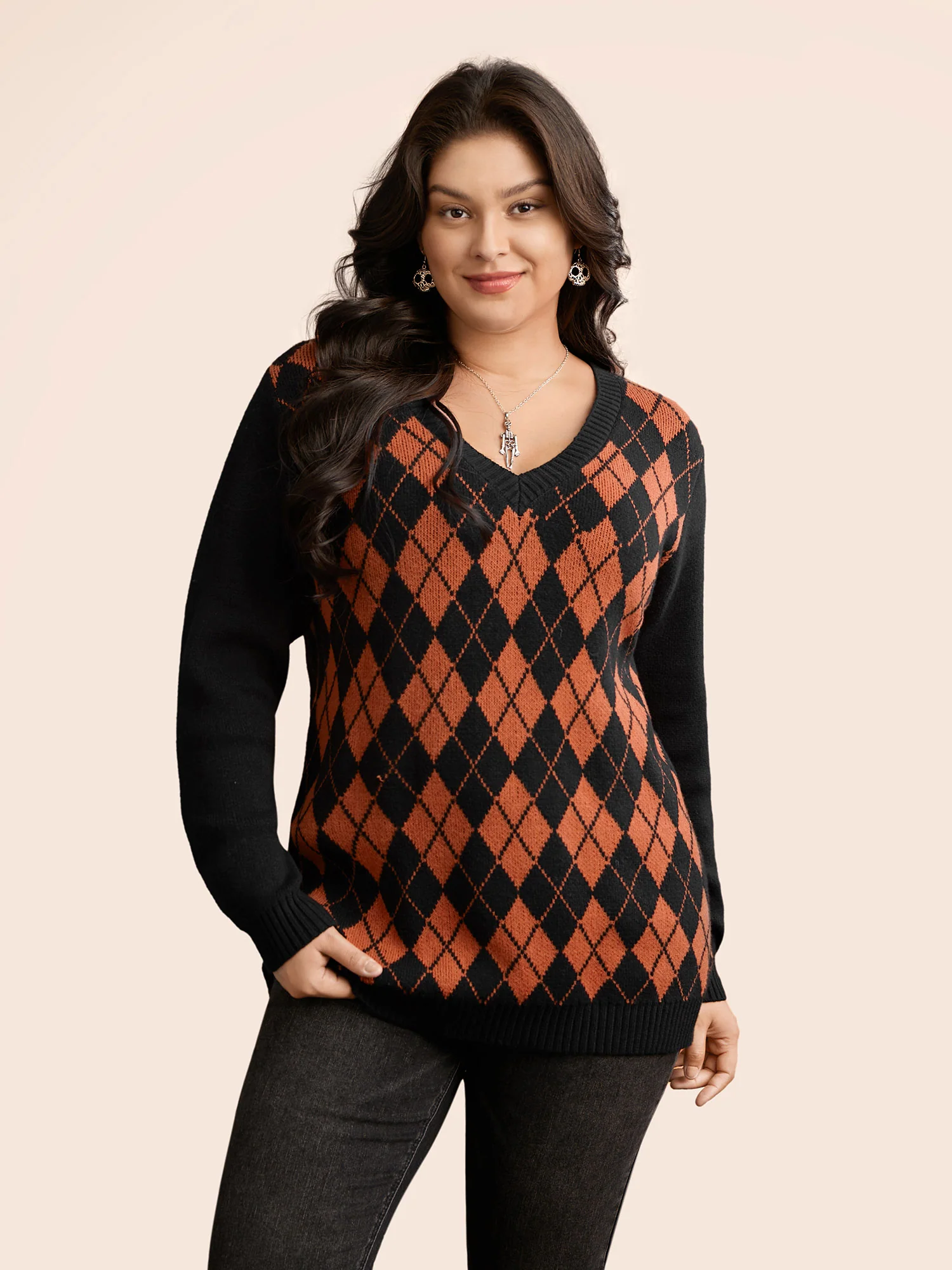 V-Neck Plaid Print Pullover - Image 3