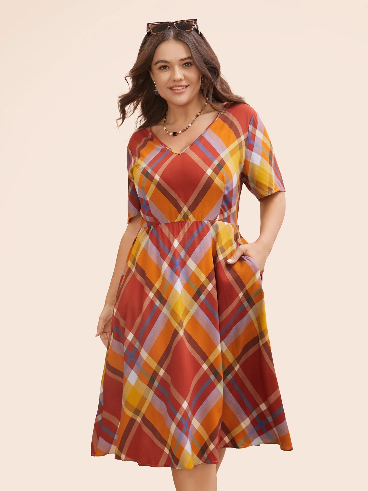 V Neck Plaid Ruffle Sleeve Dress - Image 2
