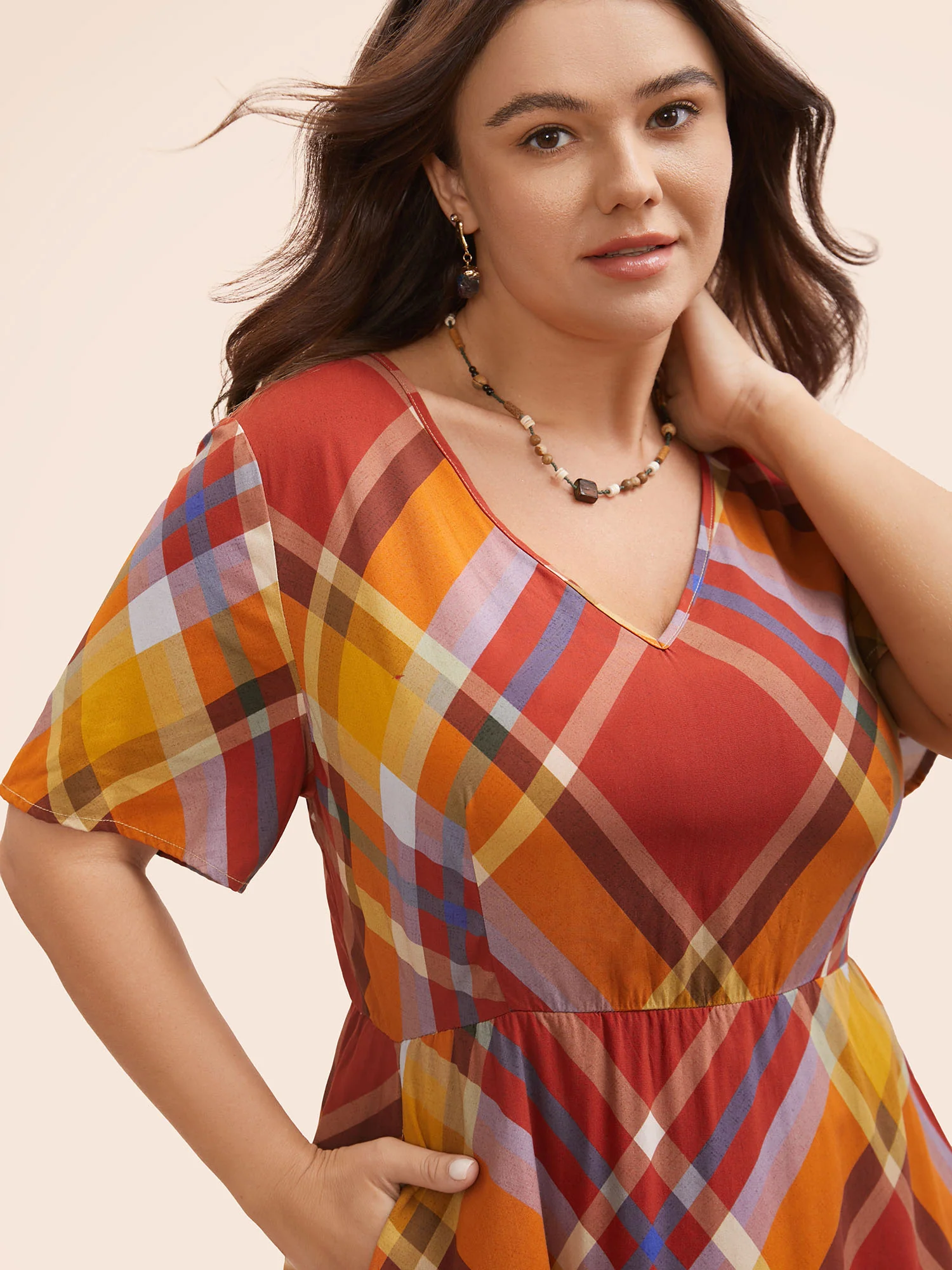 V Neck Plaid Ruffle Sleeve Dress - Image 3
