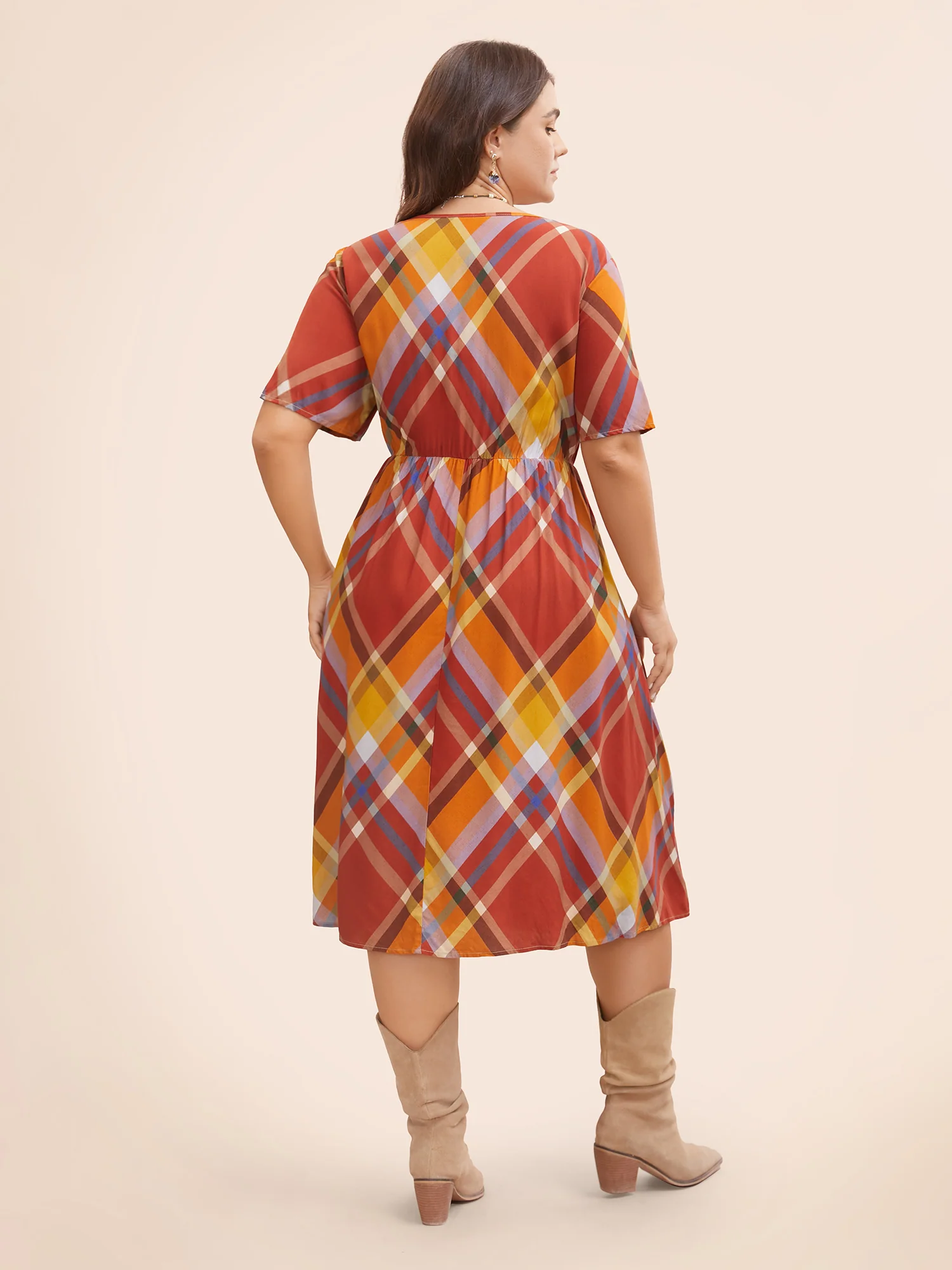 V Neck Plaid Ruffle Sleeve Dress - Image 4