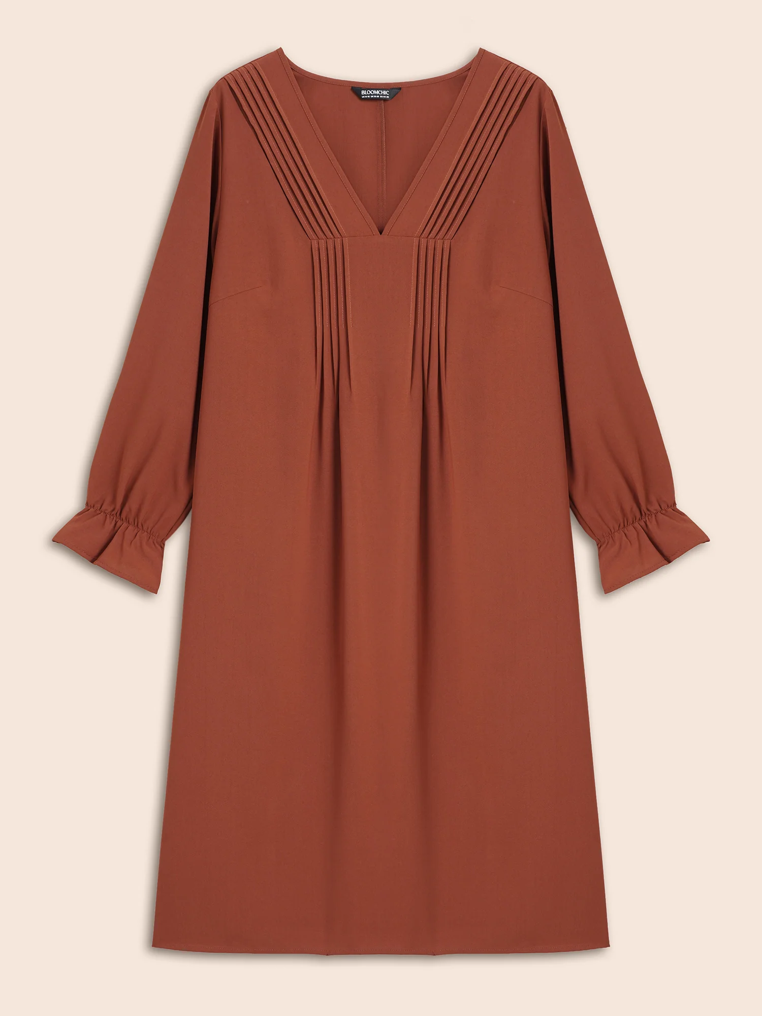 V Neck Pleated Lantern Sleeve Dress - Image 8