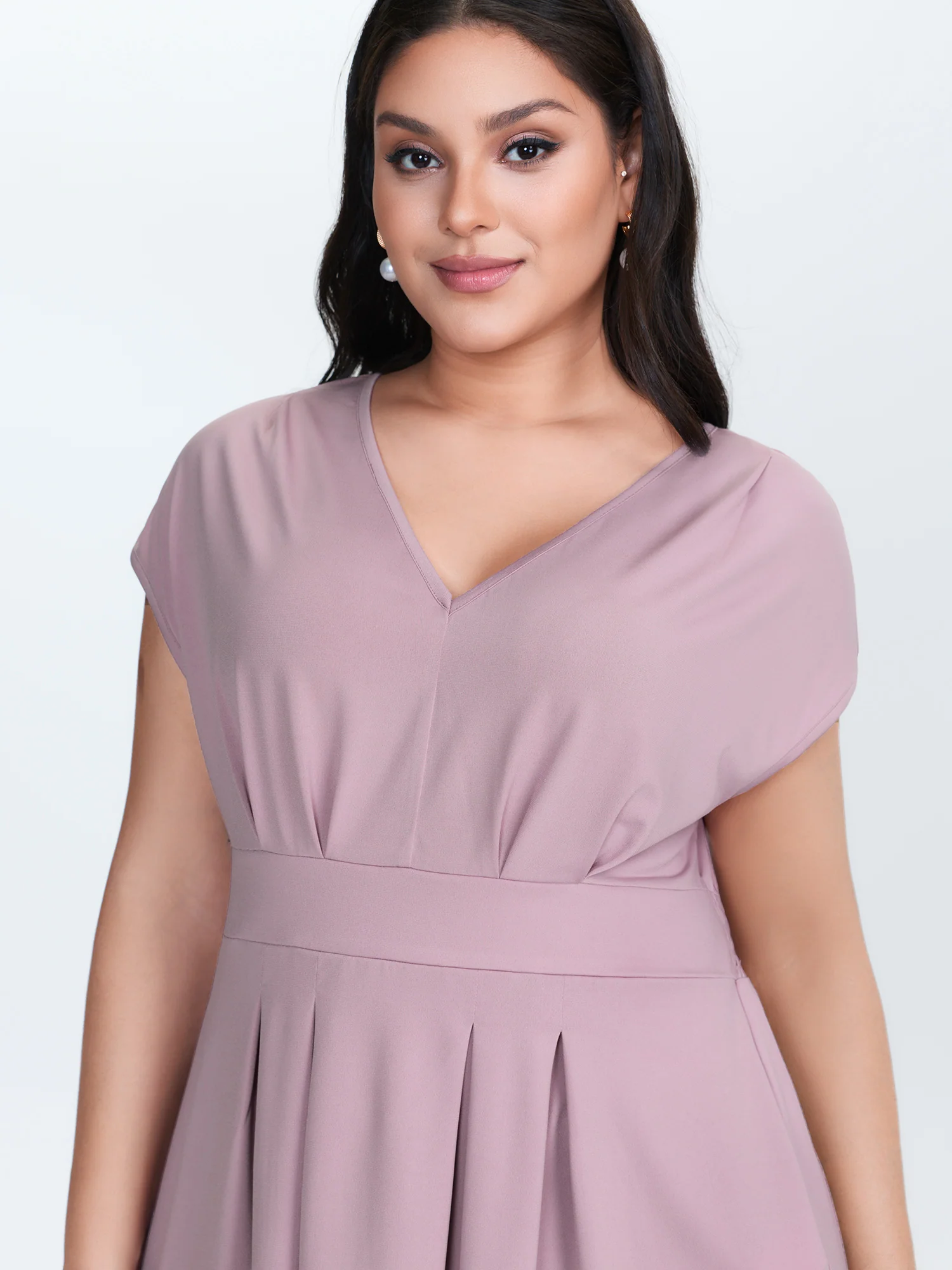 V-Neck Pleated Plain Knit Top - Image 2
