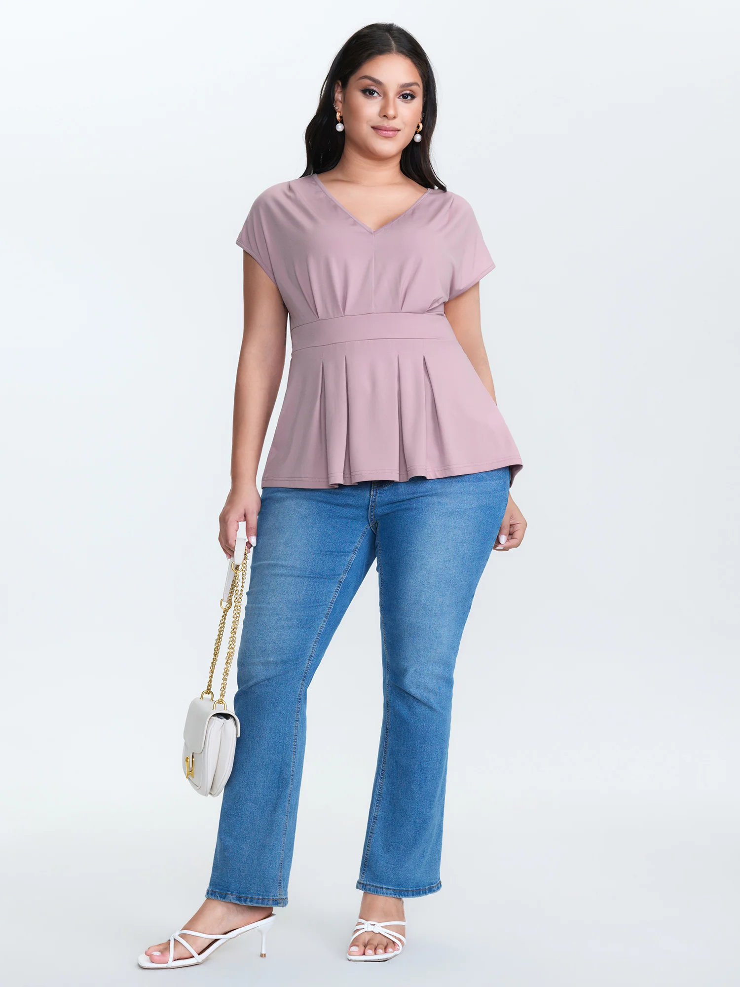 V-Neck Pleated Plain Knit Top - Image 3