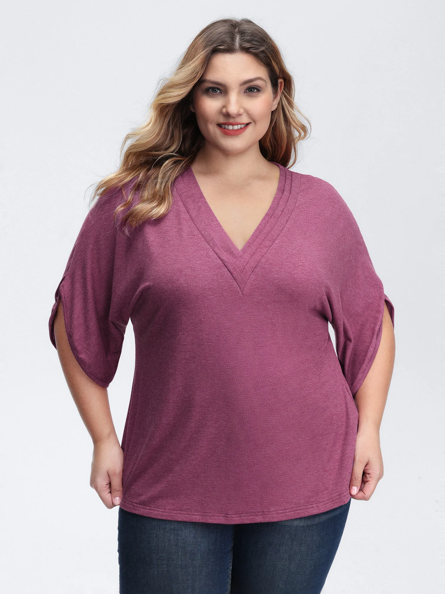 V-Neck Plicated Detail Bat Sleeve T-Shirt - Image 2