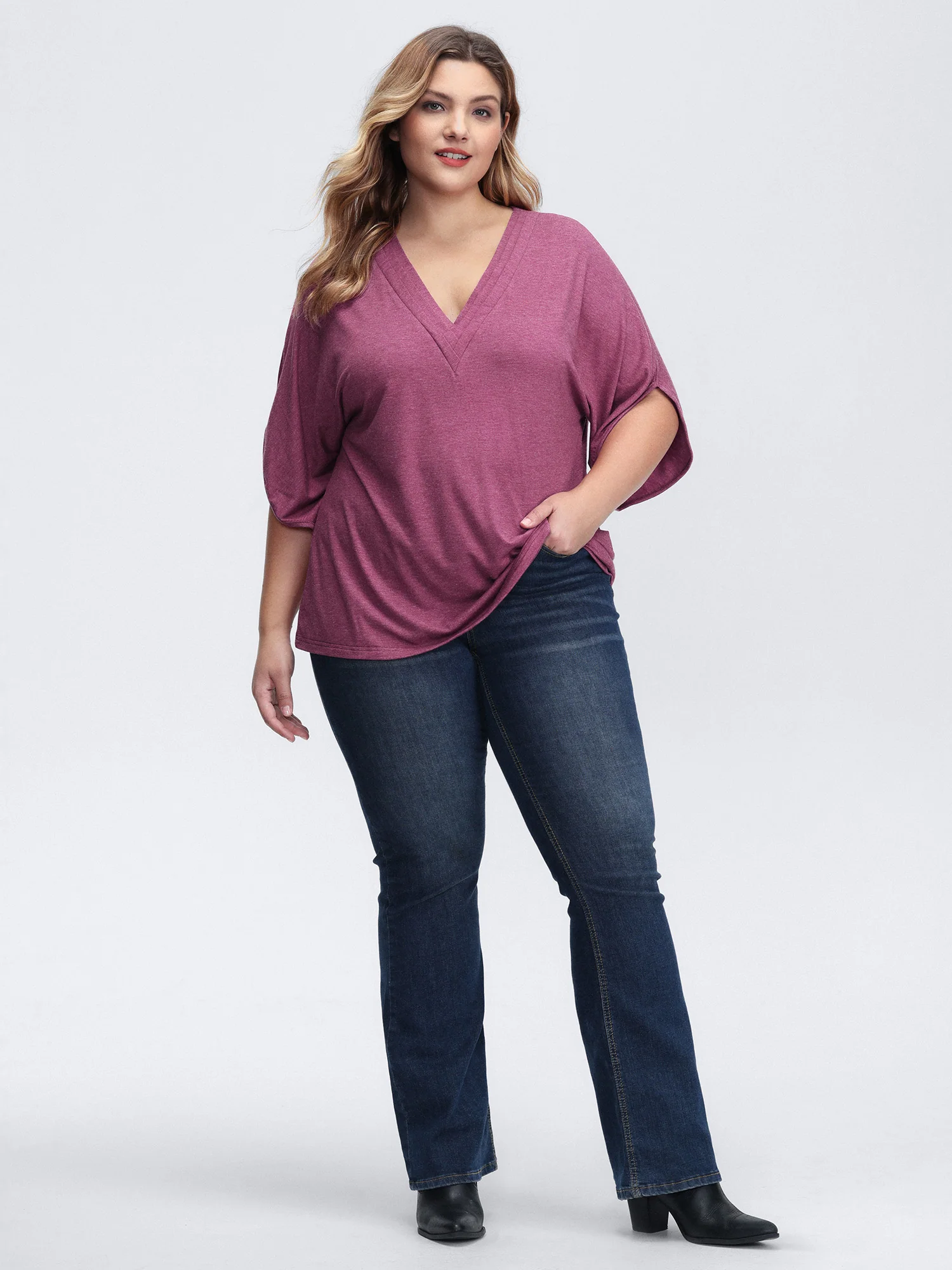 V-Neck Plicated Detail Bat Sleeve T-Shirt - Image 3