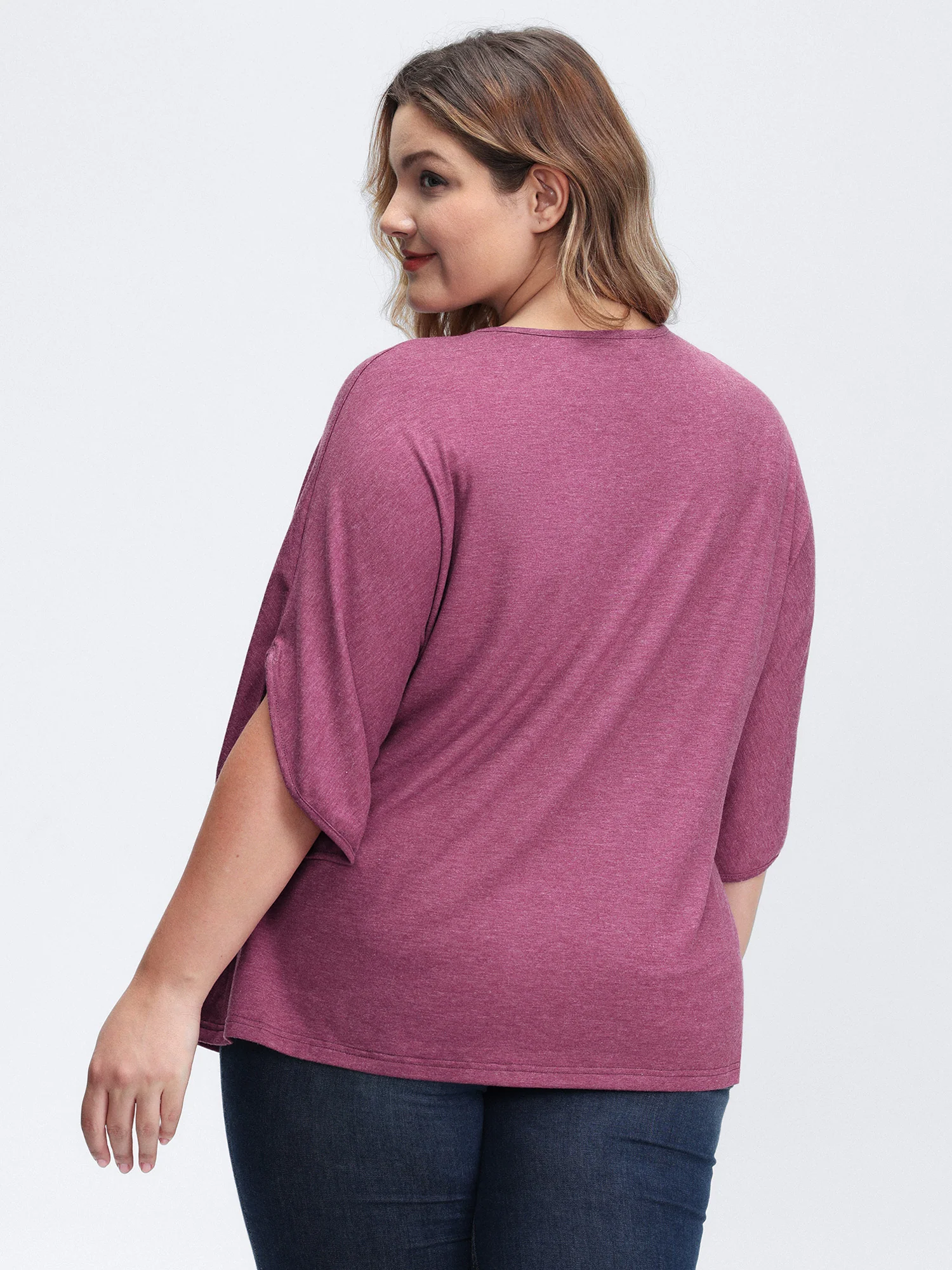 V-Neck Plicated Detail Bat Sleeve T-Shirt - Image 4