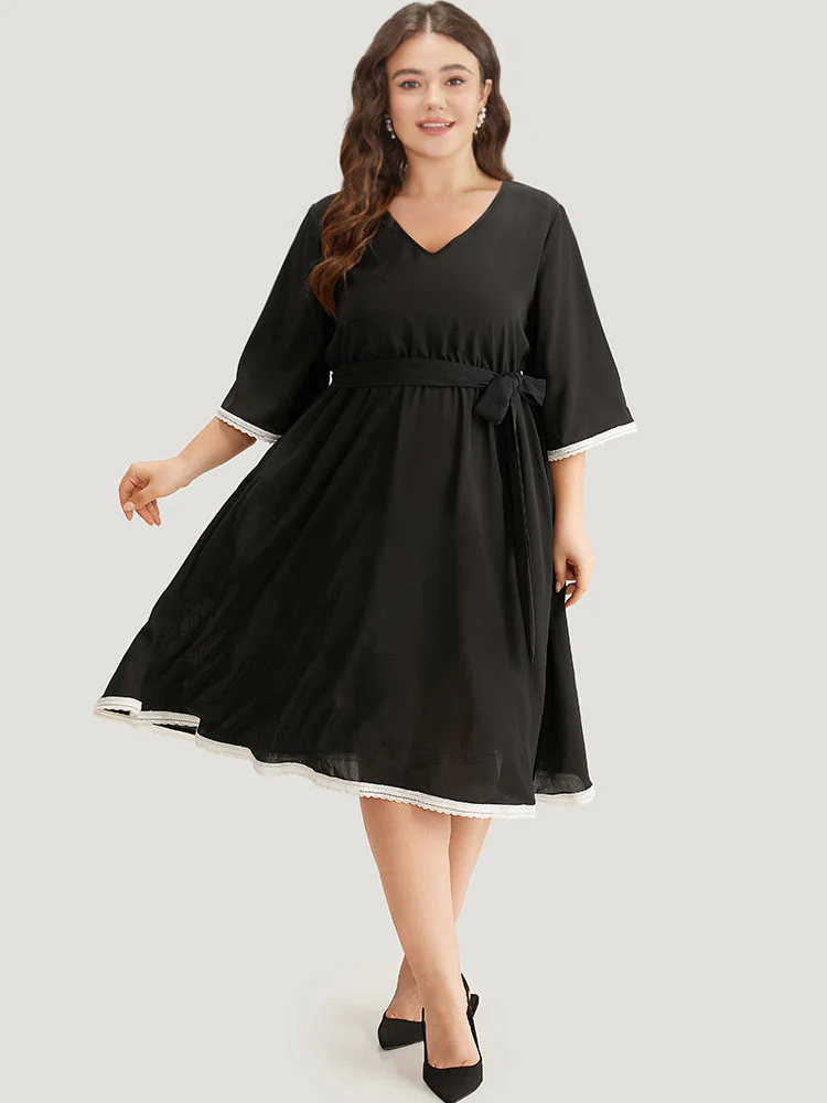 V Neck Pocket Patchwork Contrast Belted Dress - Image 5
