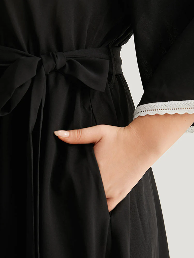 V Neck Pocket Patchwork Contrast Belted Dress - Image 7