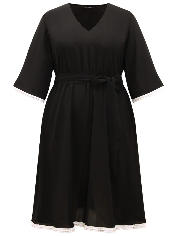 V Neck Pocket Patchwork Contrast Belted Dress - Image 8
