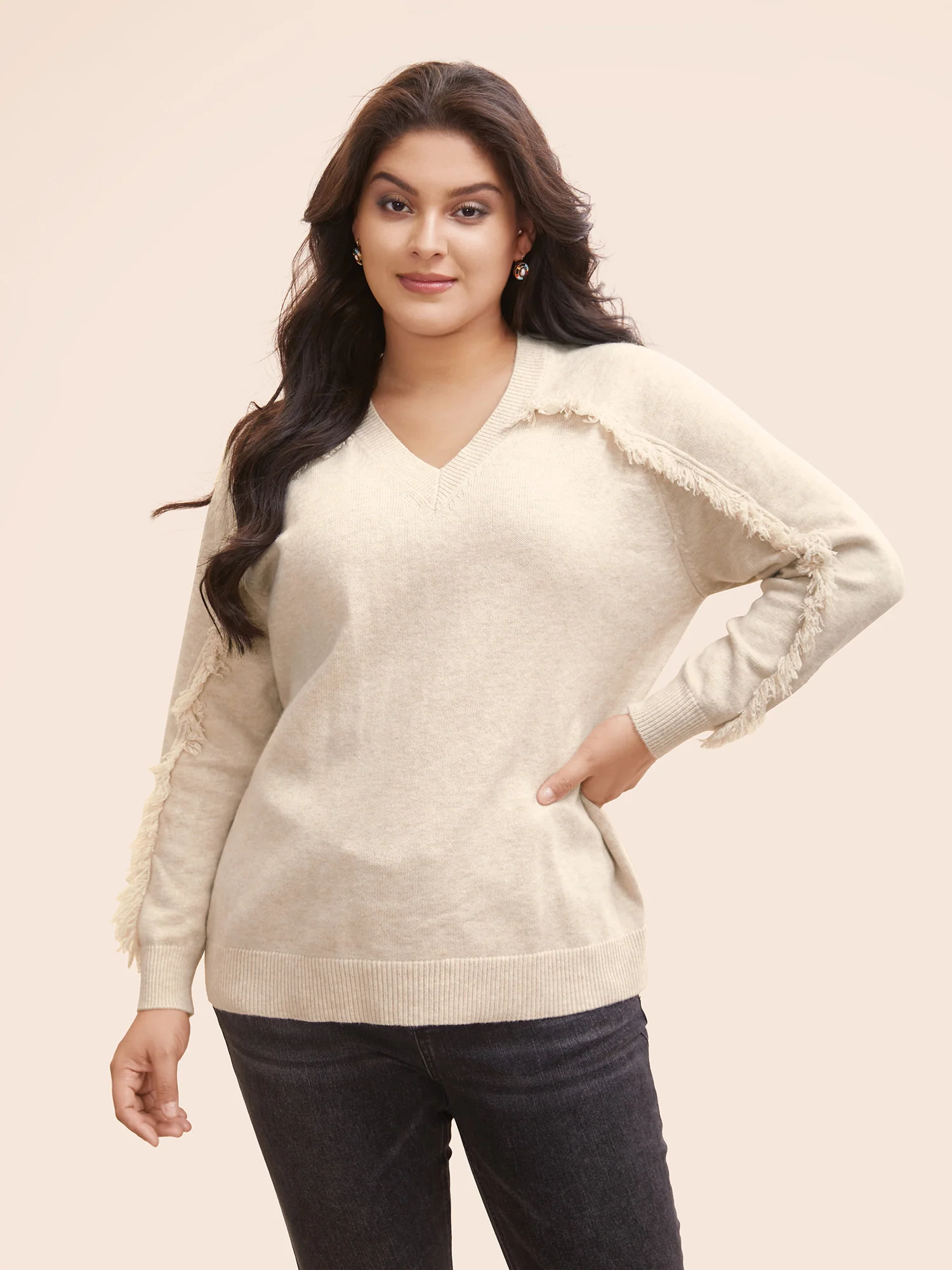 V Neck Raglan Sleeve Fuzzy Trim Pullover - Image 4