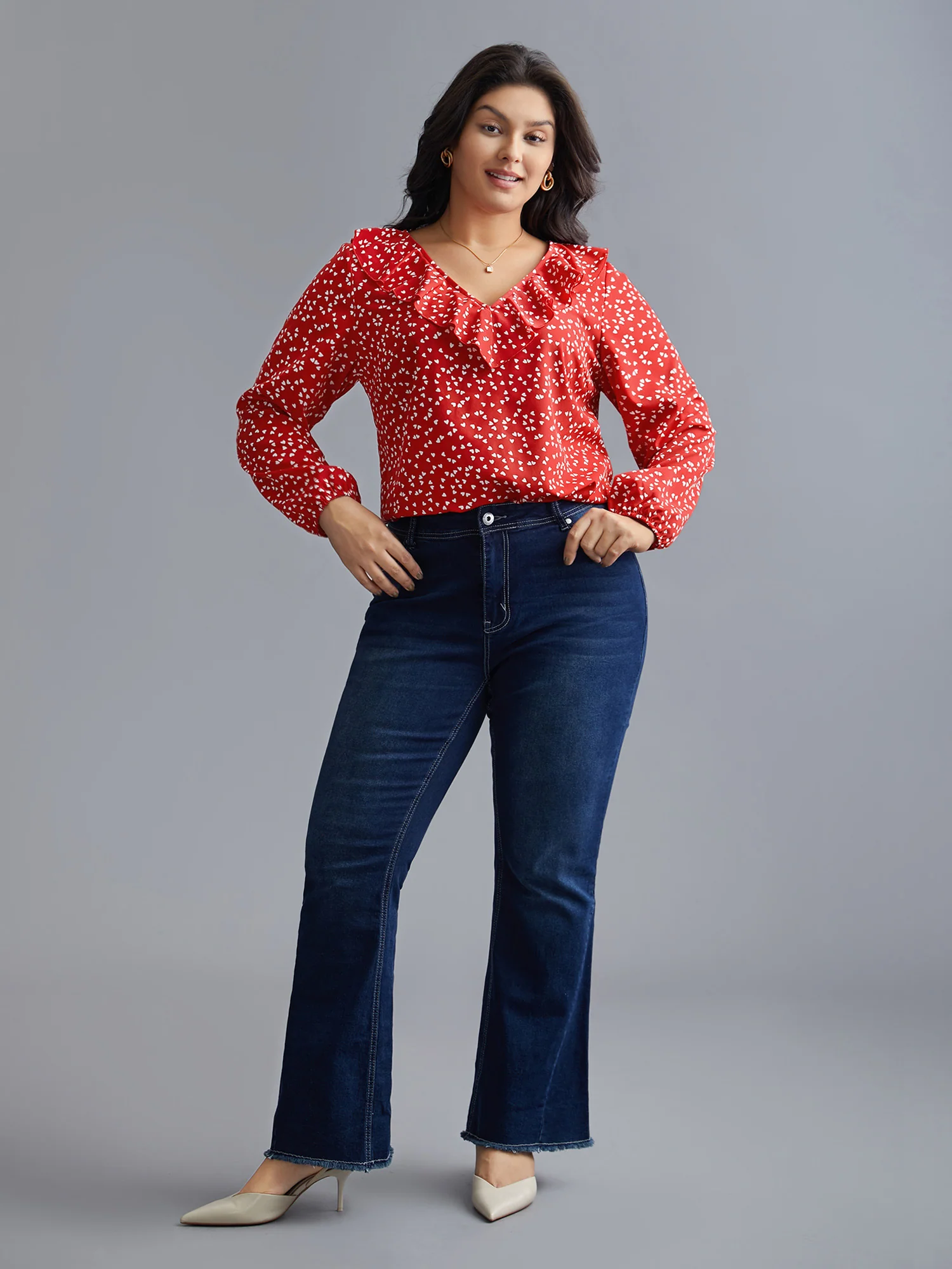 V Neck Ruffle Heart Blouse - Image 2