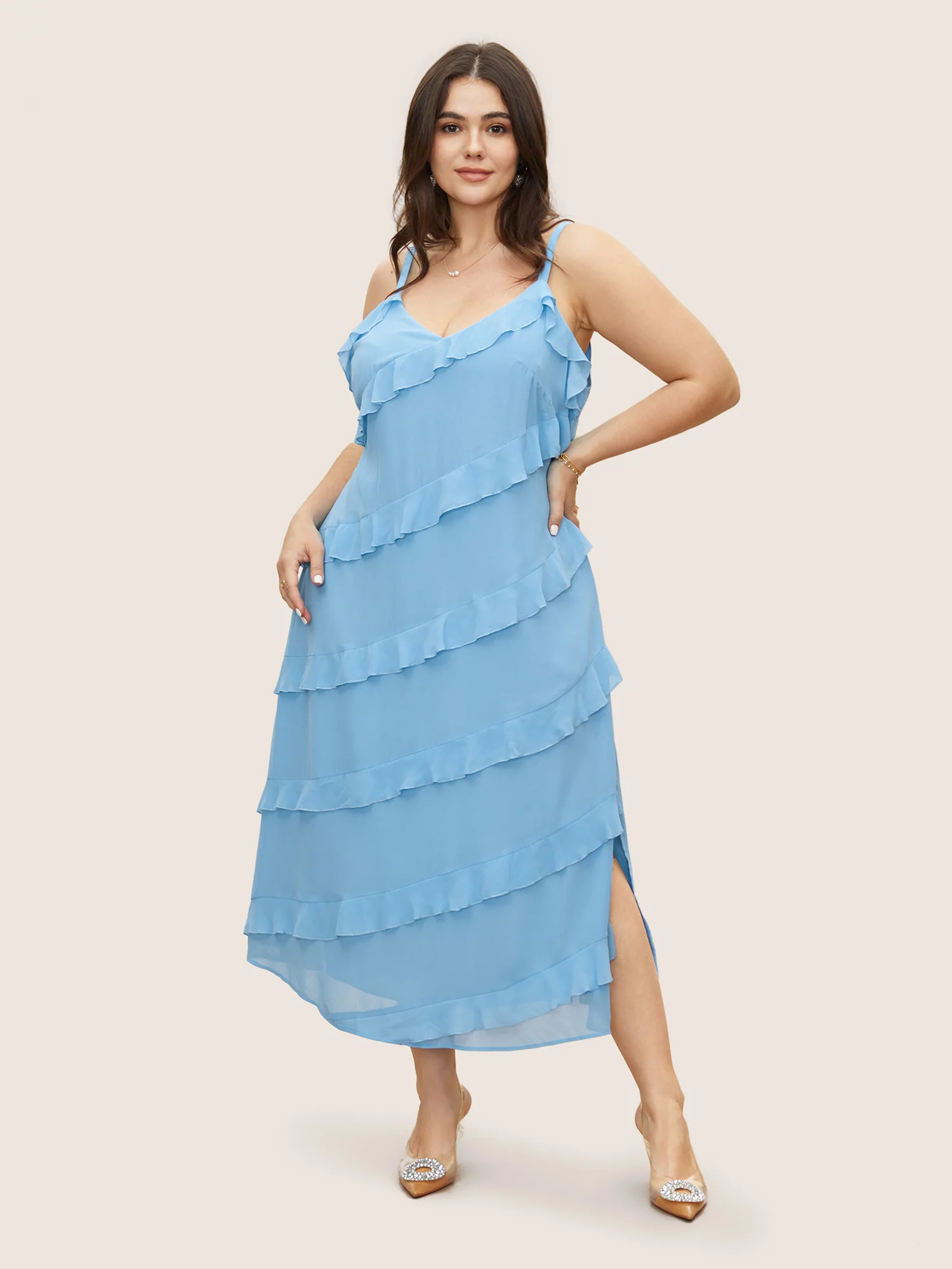V Neck Ruffle Trim Elastic Waist Cami Dress - Image 2