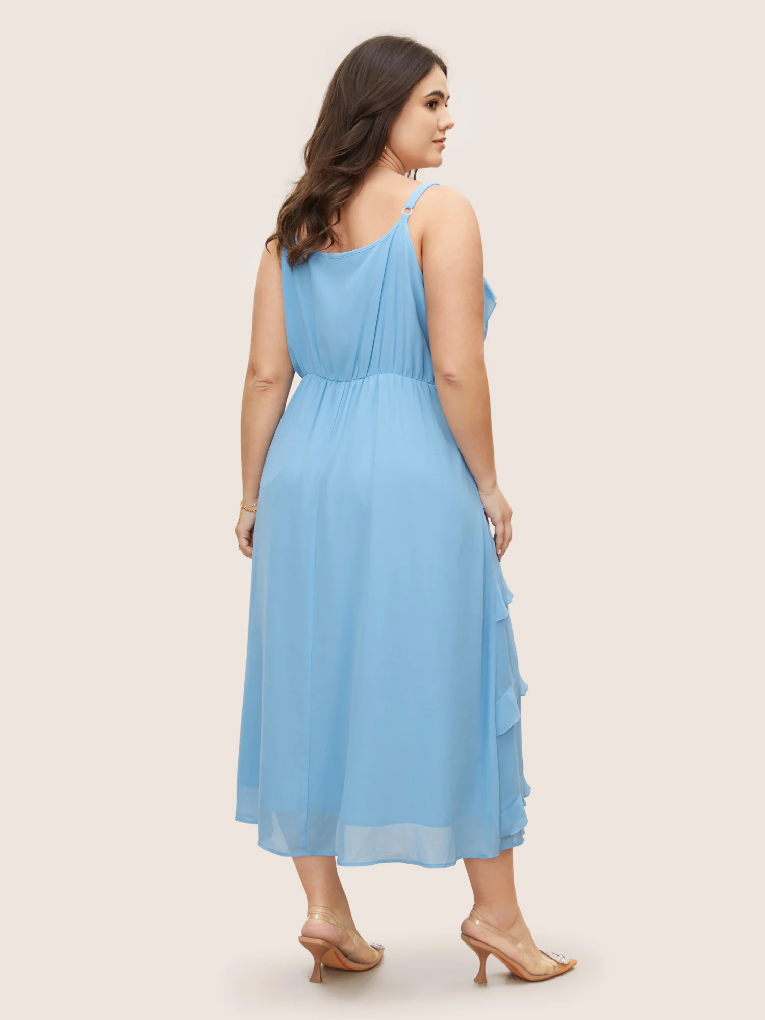 V Neck Ruffle Trim Elastic Waist Cami Dress - Image 3