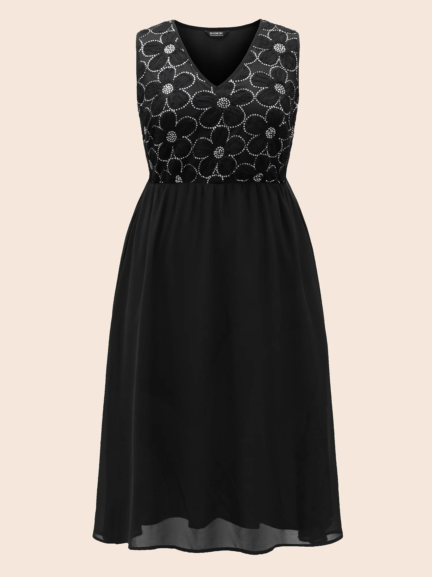 V Neck Sequin Floral Patchwork Dress - Image 7