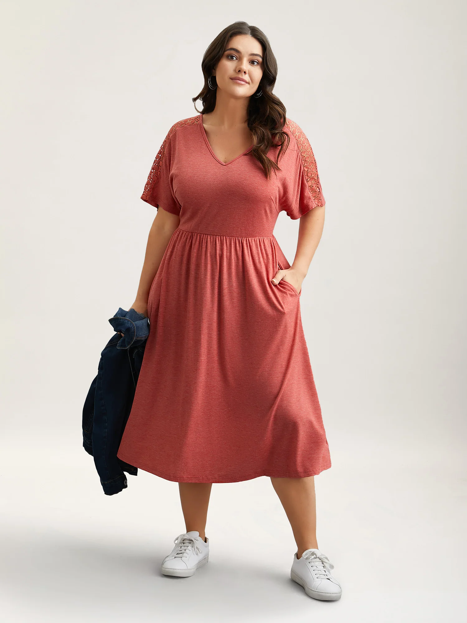 V-Neck Sheer Lace Pockets Midi Dress