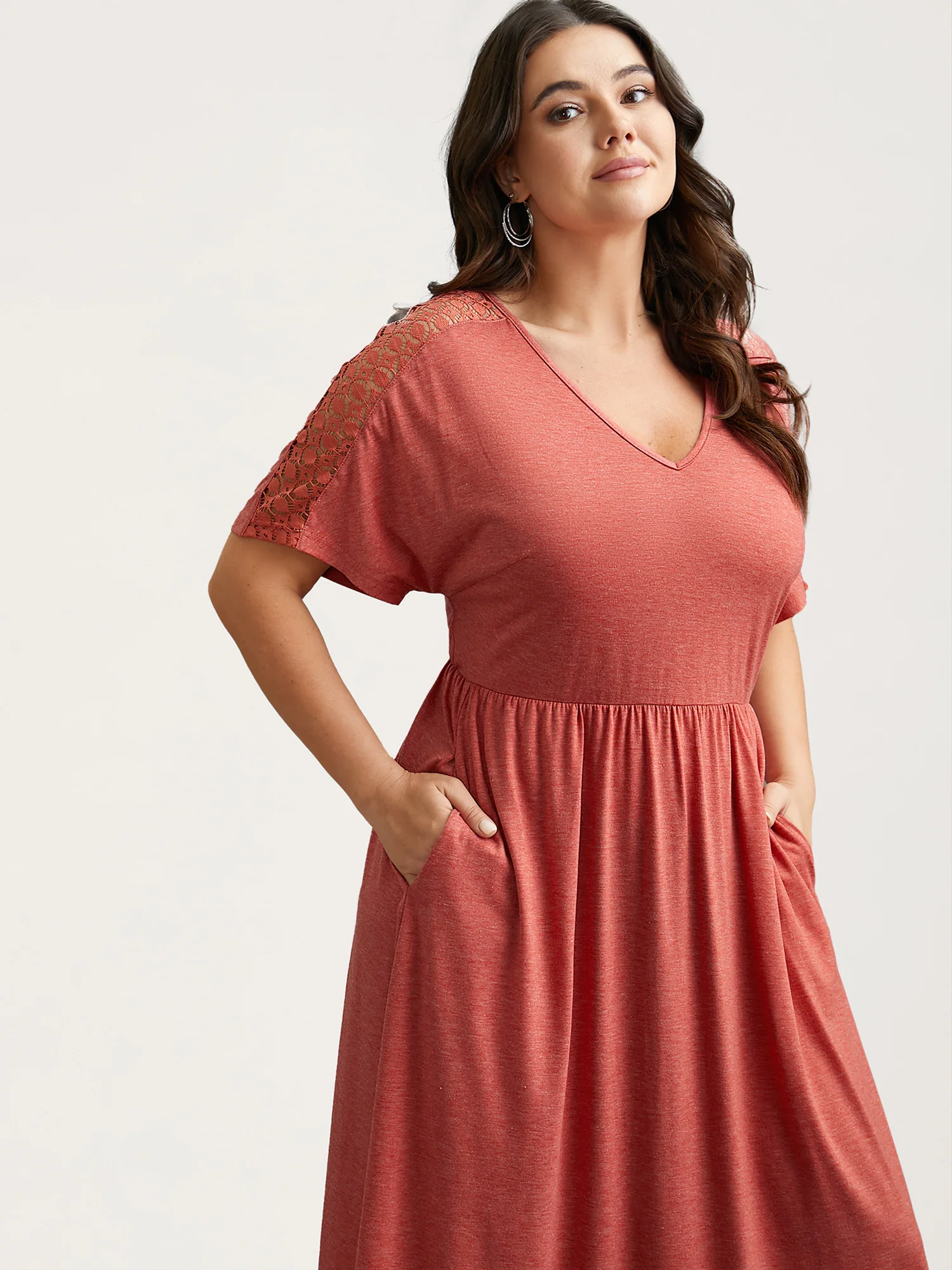 V-Neck Sheer Lace Pockets Midi Dress - Image 3