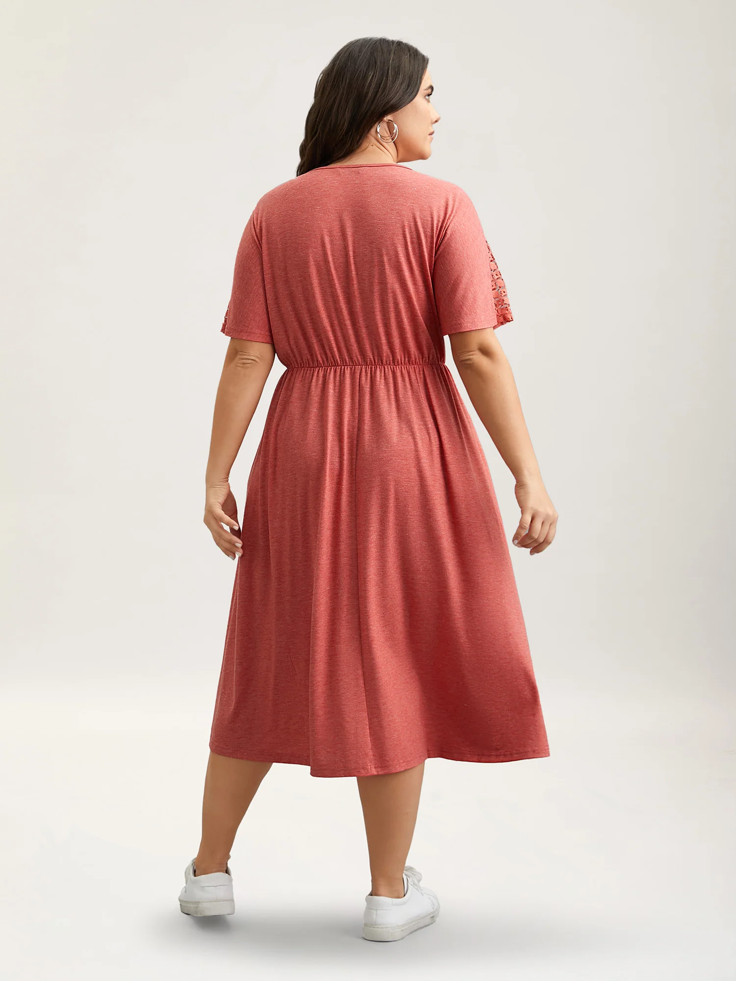 V-Neck Sheer Lace Pockets Midi Dress - Image 4