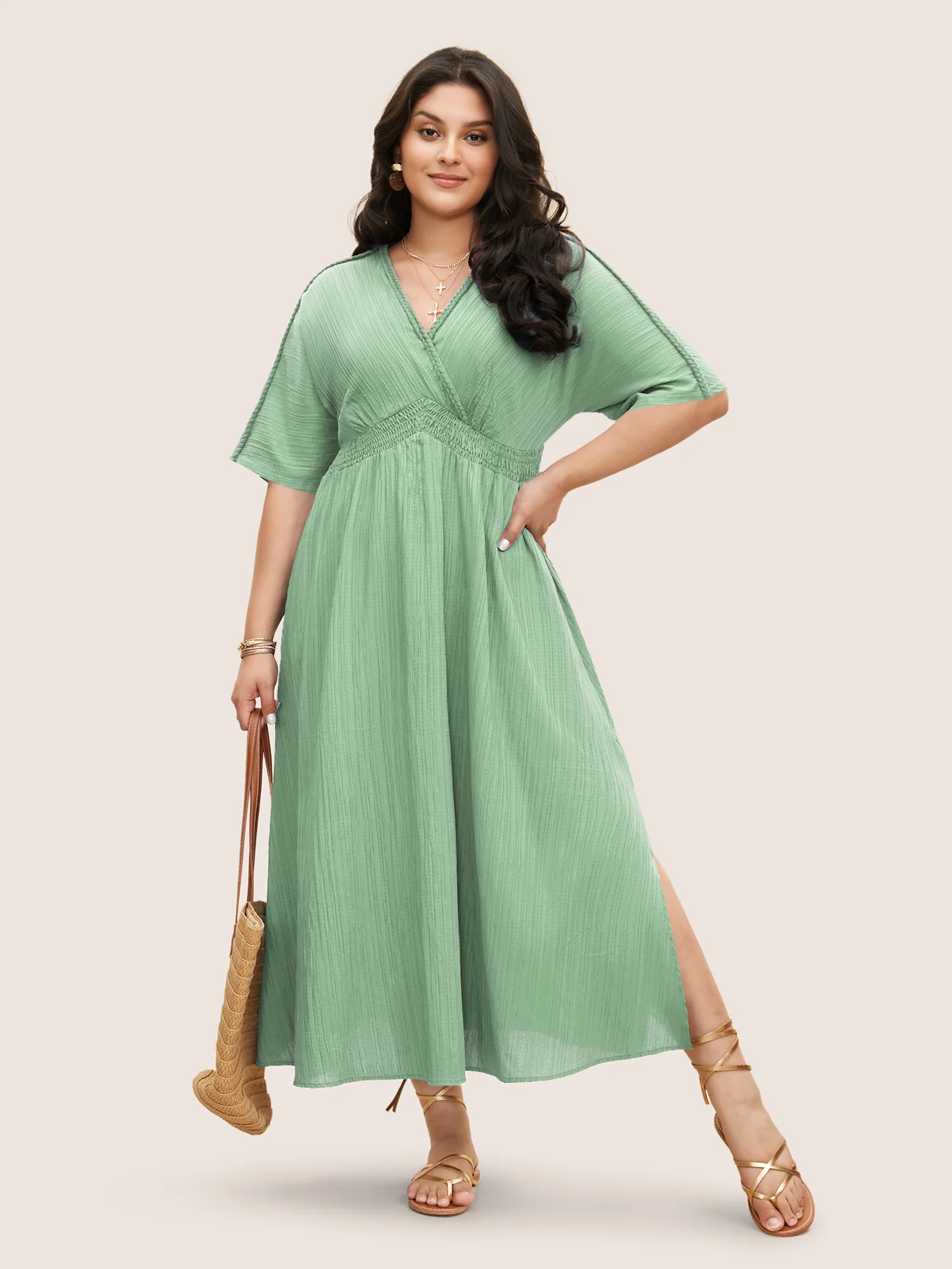 V Neck Shirred Contrast Webbing Split Side Dress - Image 12