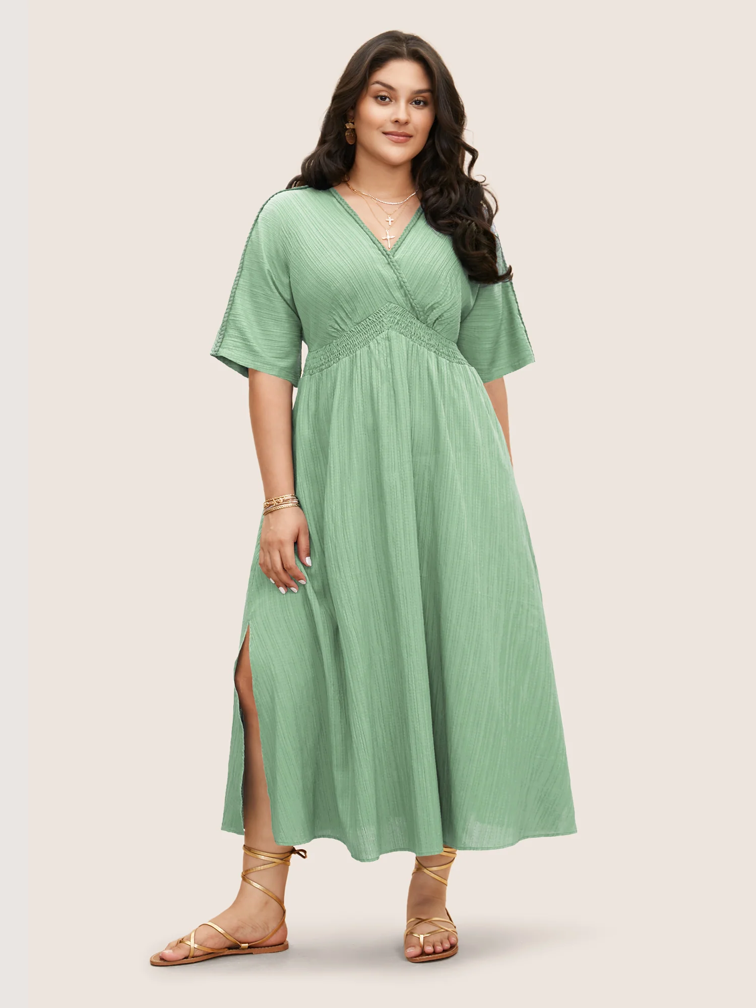 V Neck Shirred Contrast Webbing Split Side Dress - Image 14