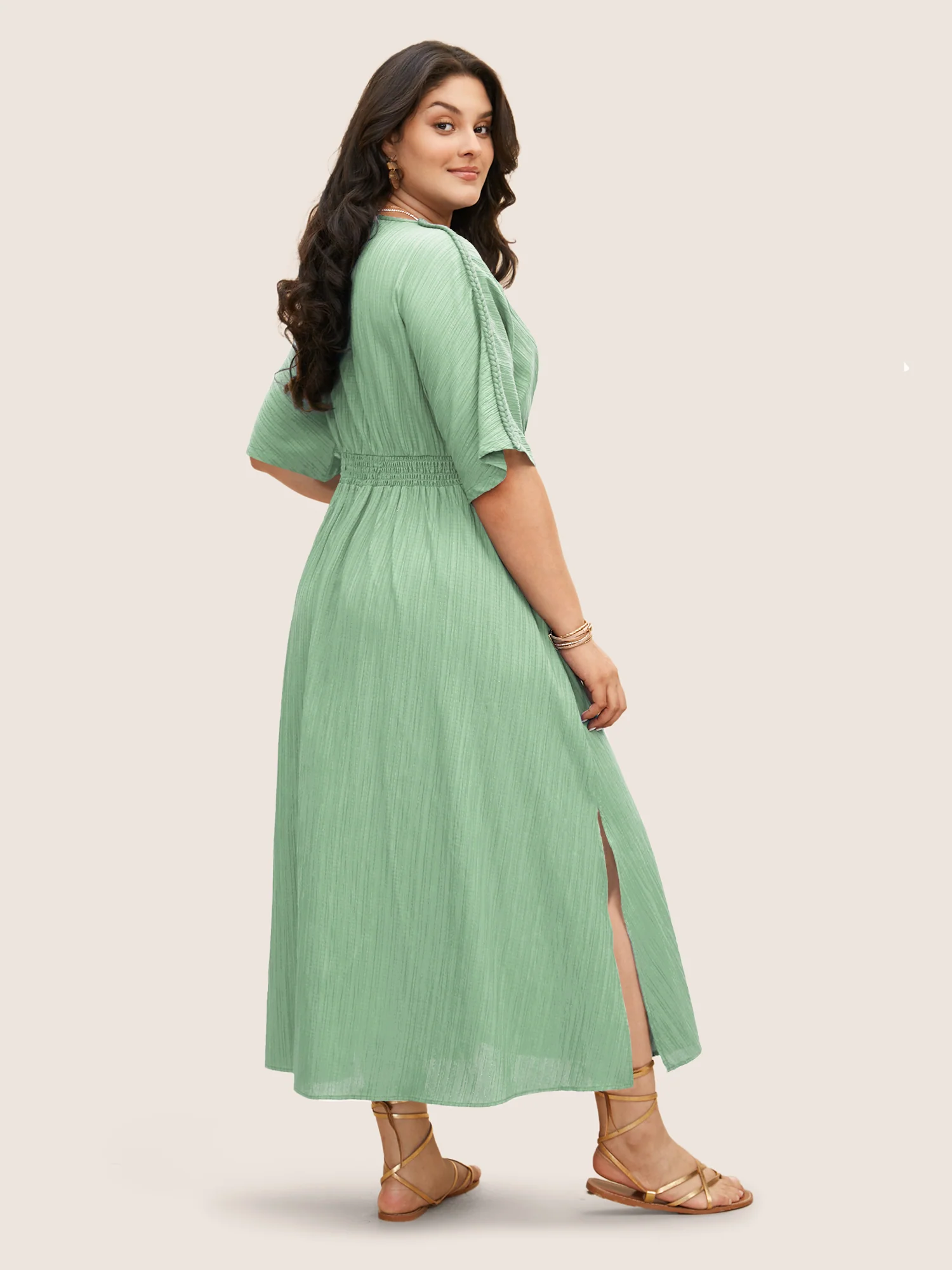 V Neck Shirred Contrast Webbing Split Side Dress - Image 15