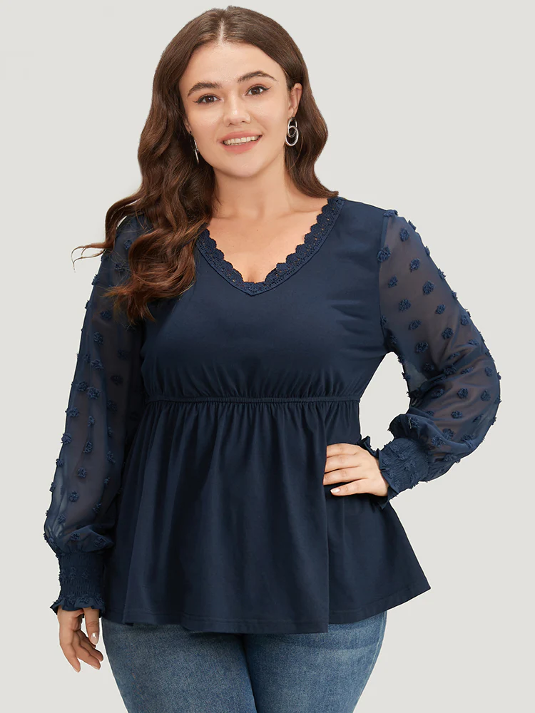 Halloween V Neck Shirred Lace Mesh Patchwork T-shirt - Image 2