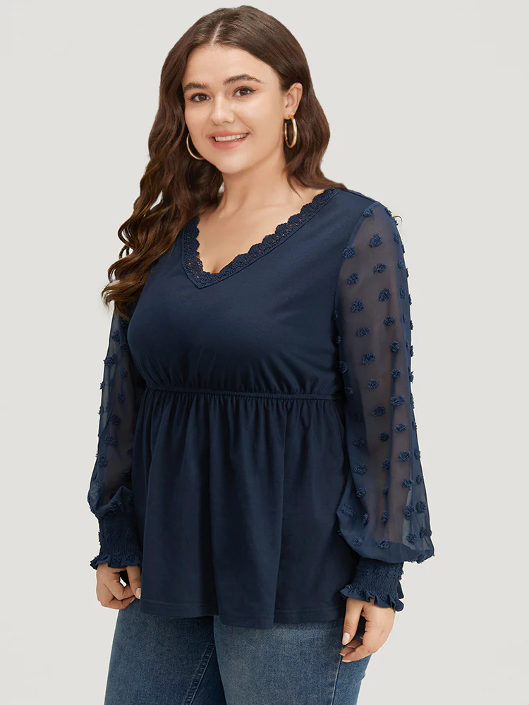 Halloween V Neck Shirred Lace Mesh Patchwork T-shirt - Image 3