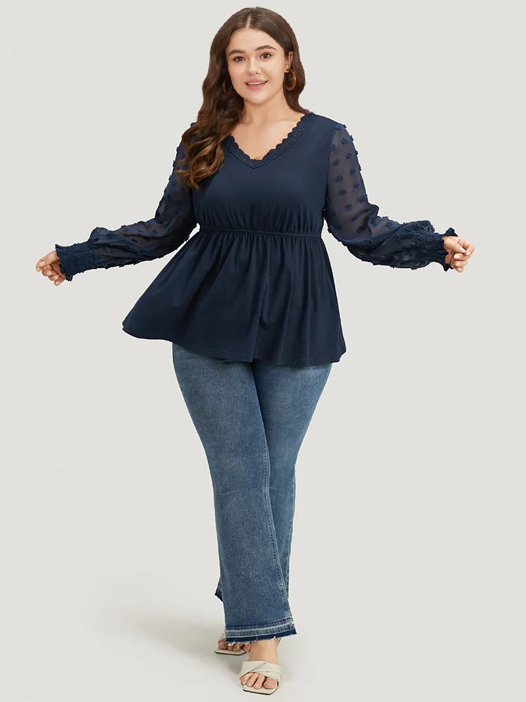 Halloween V Neck Shirred Lace Mesh Patchwork T-shirt - Image 5