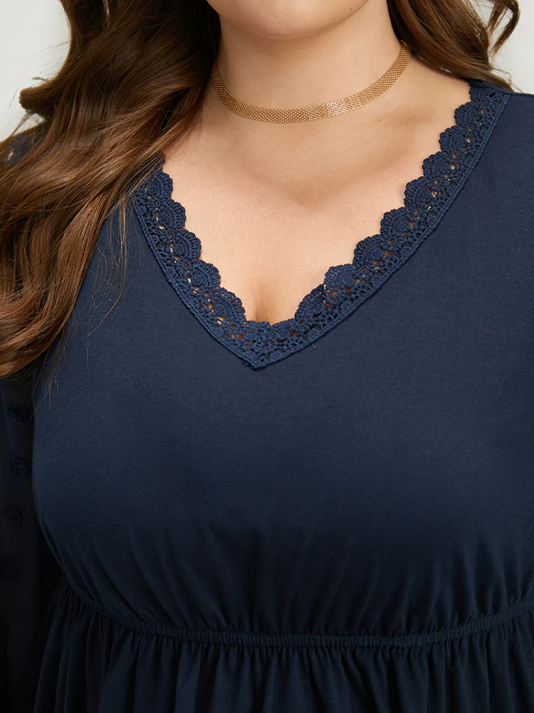 Halloween V Neck Shirred Lace Mesh Patchwork T-shirt - Image 6