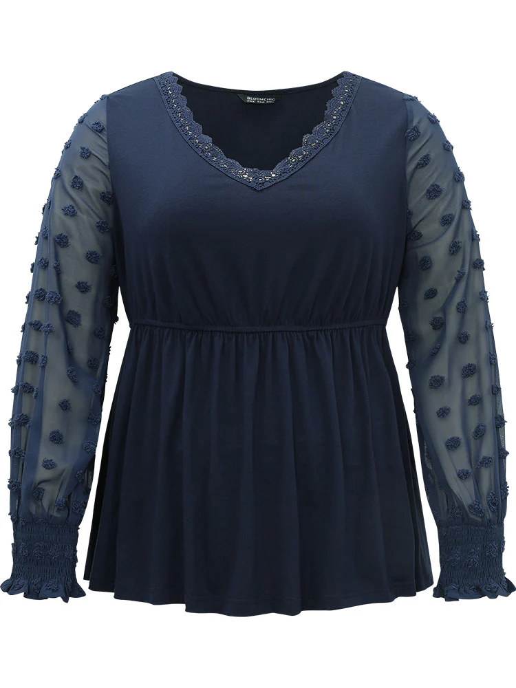 Halloween V Neck Shirred Lace Mesh Patchwork T-shirt - Image 8