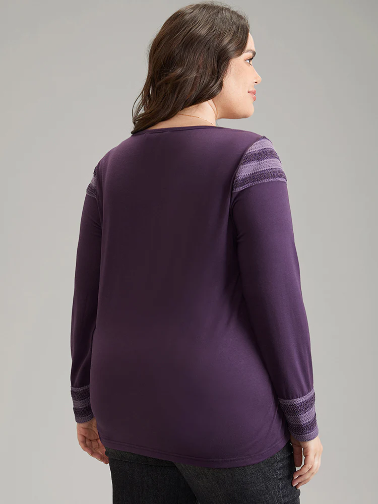 V Neck Solid Patchwork Knit T-shirt - Image 2