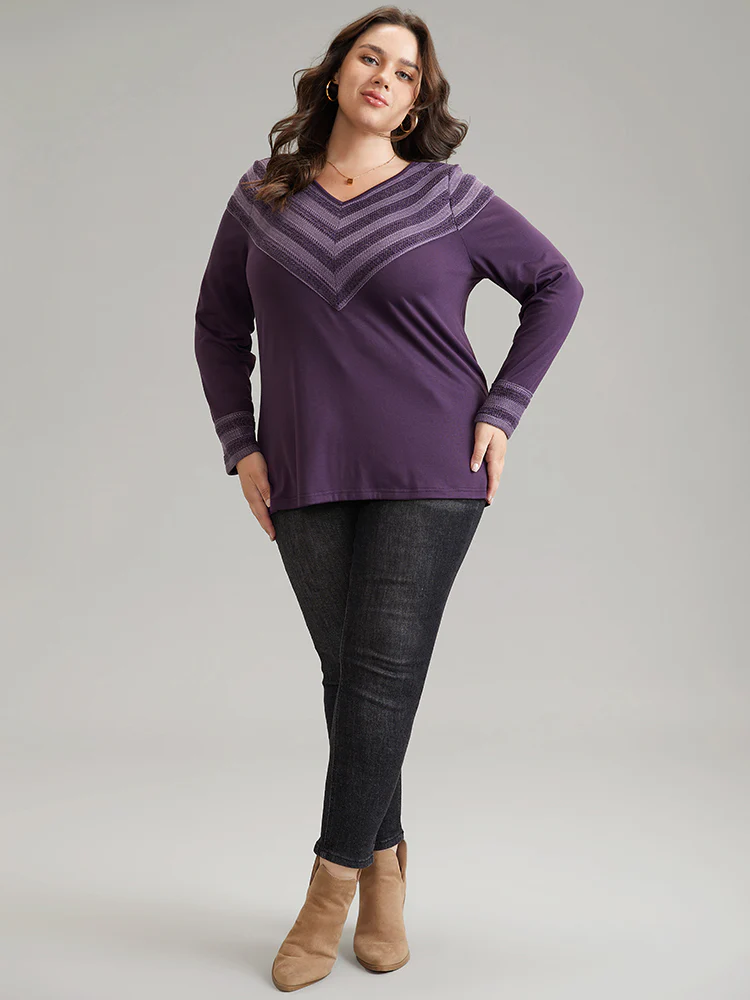 V Neck Solid Patchwork Knit T-shirt - Image 3