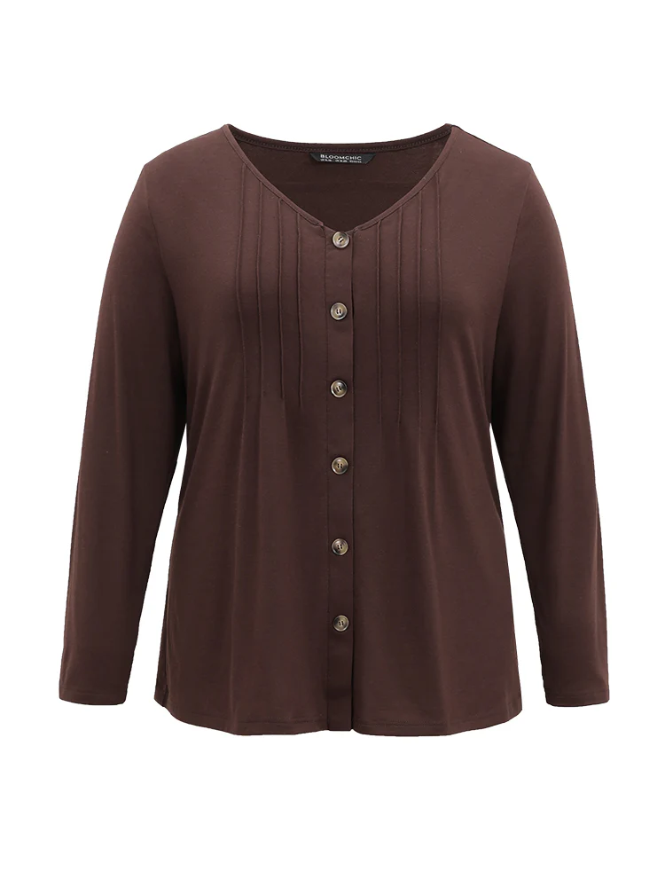 V Neck Solid Pleated Button Detail T-shirt - Image 5