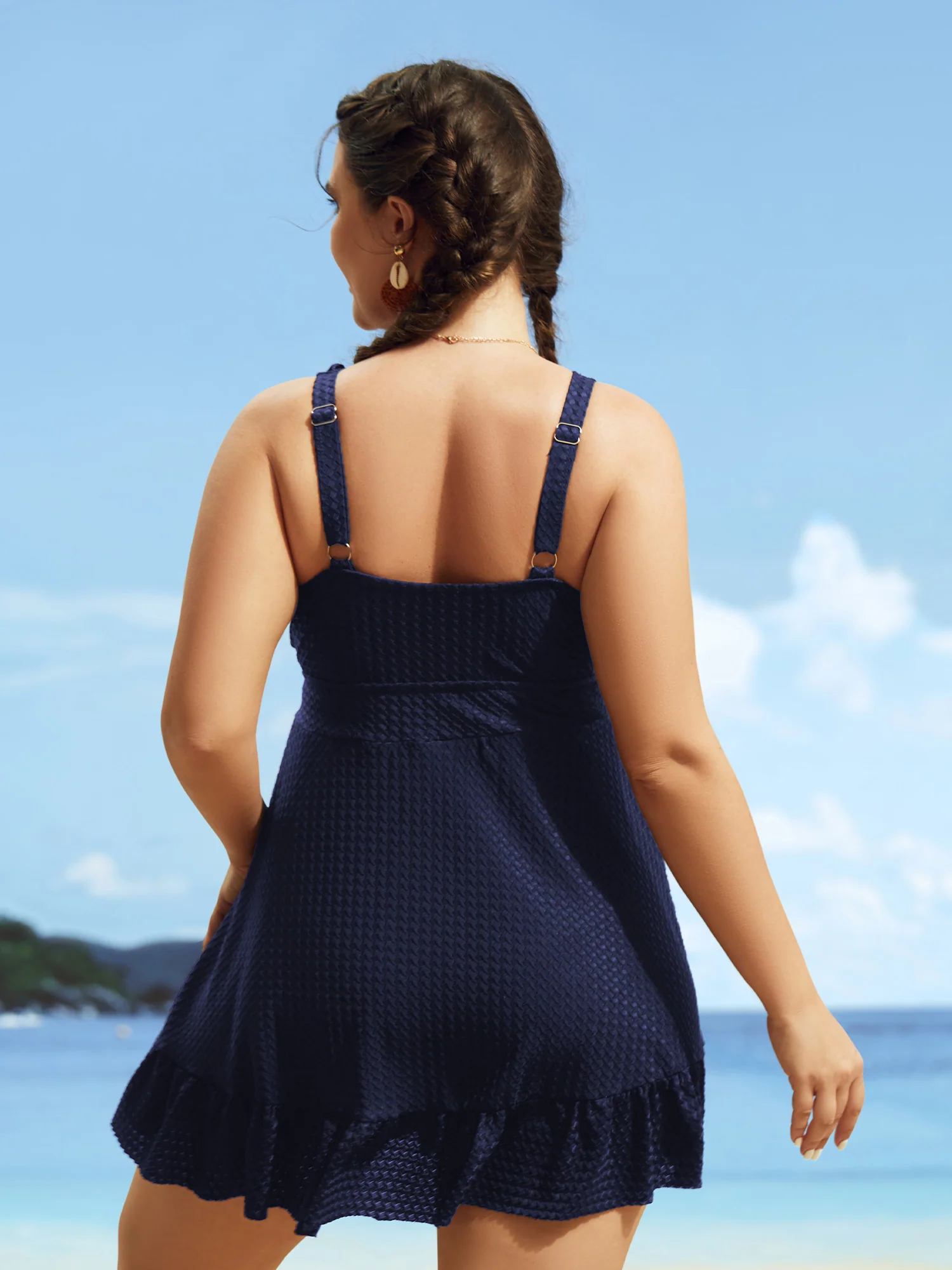 V Neck Solid Textured Ruffle Trim Swim Dress - Image 2