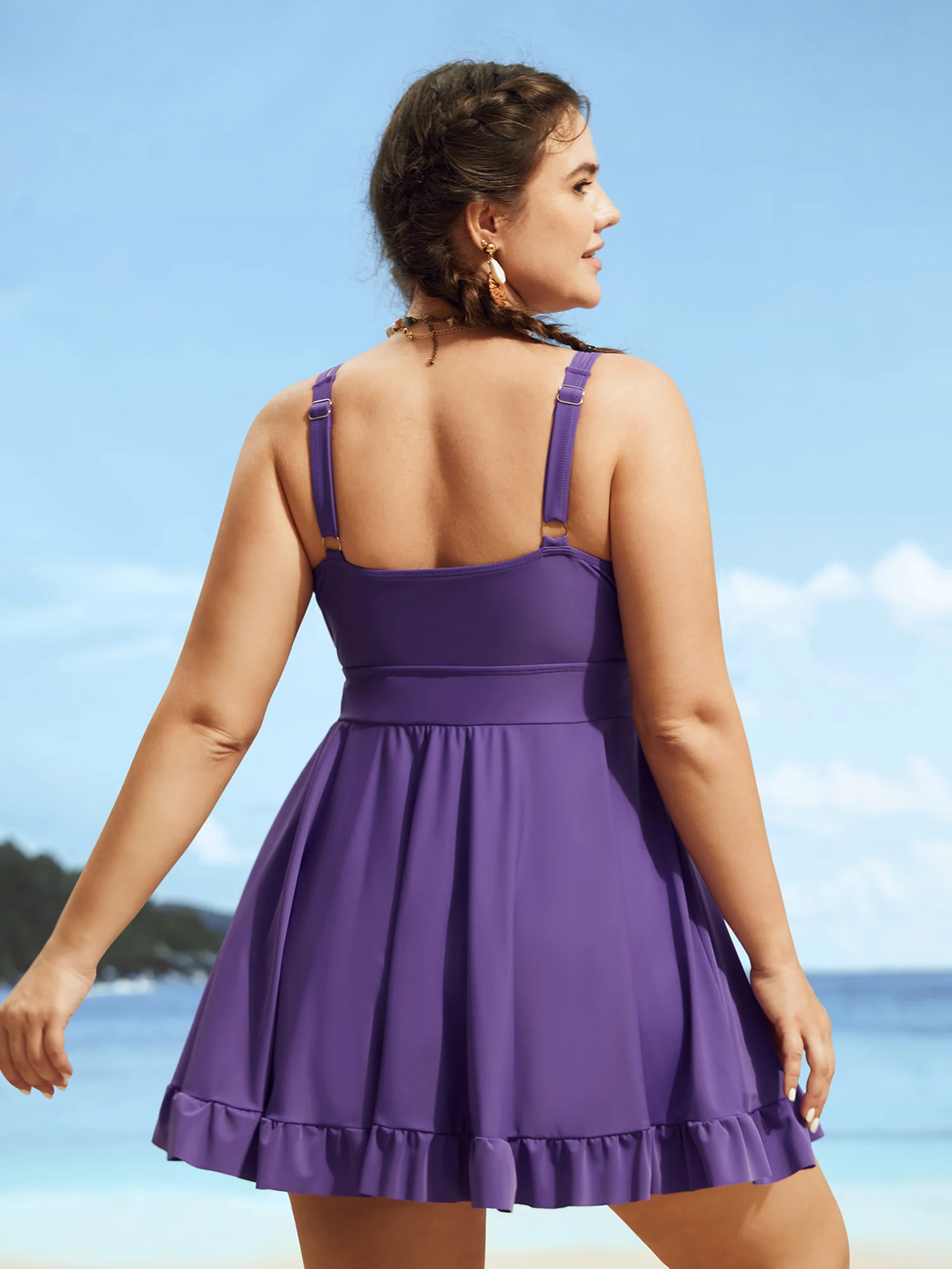 V Neck Solid Tie Knot Ruffles Swim Dress - Image 2