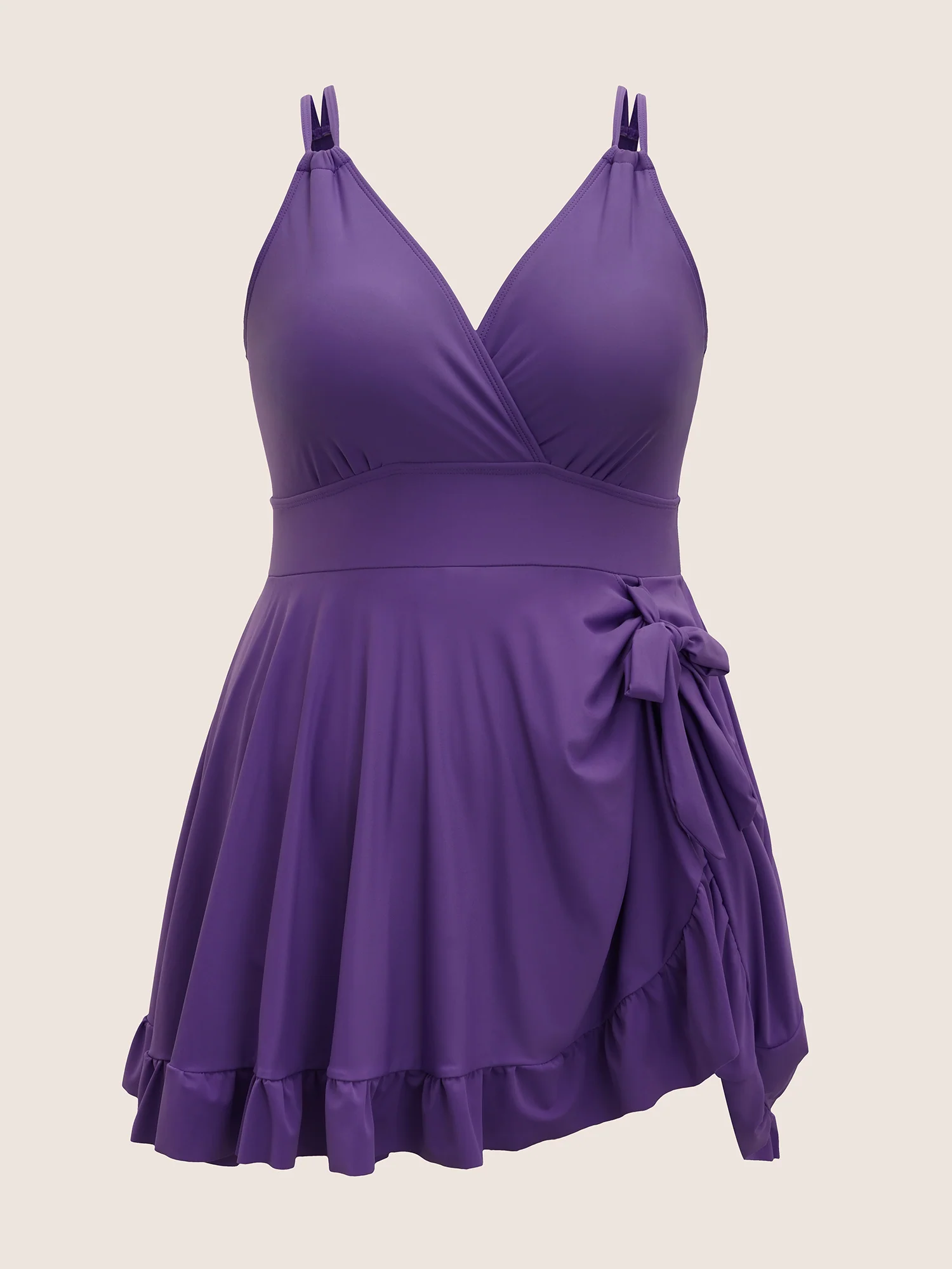 V Neck Solid Tie Knot Ruffles Swim Dress - Image 8