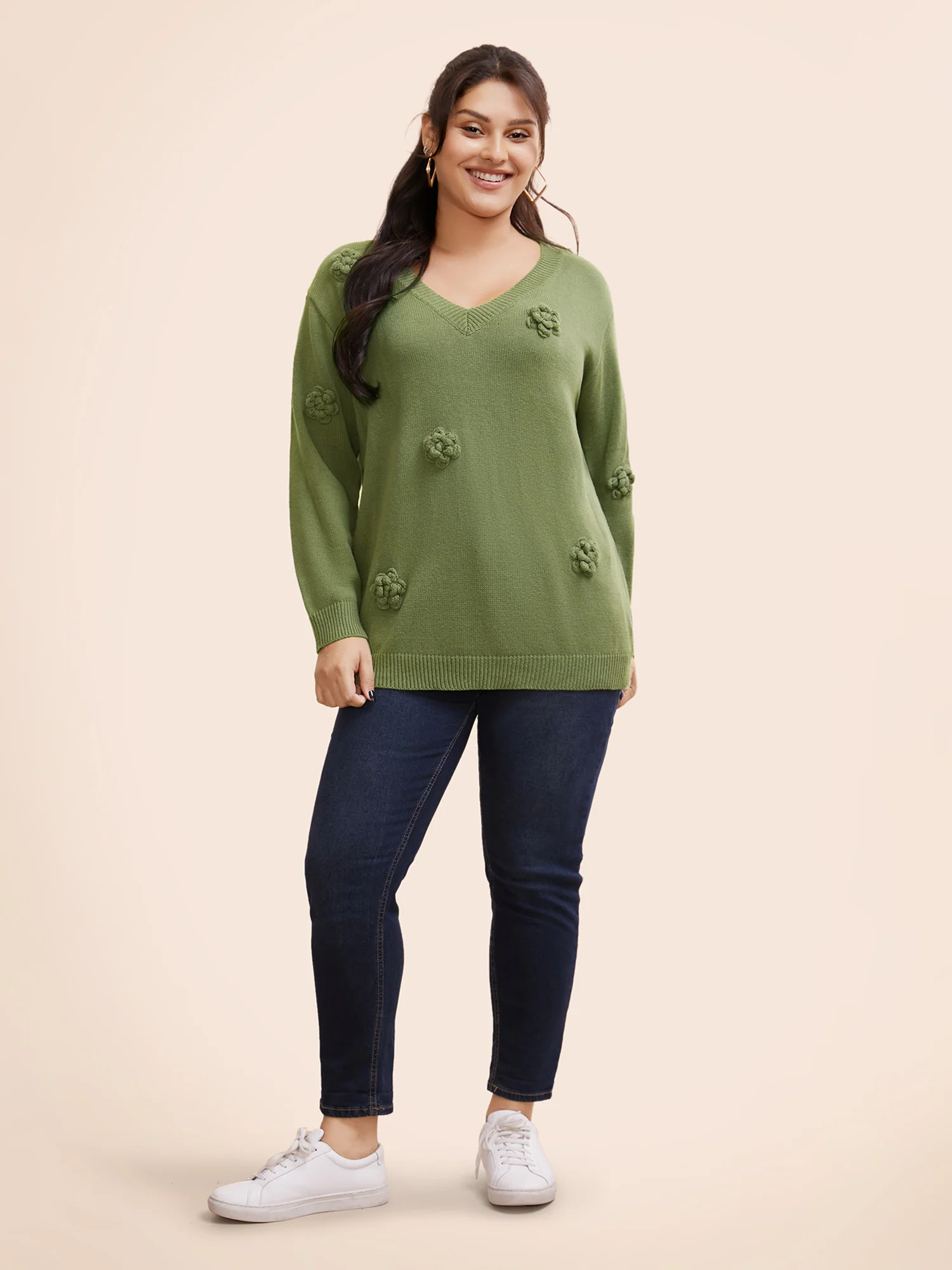 V Neck Stereo Flower Design Pullover - Image 3