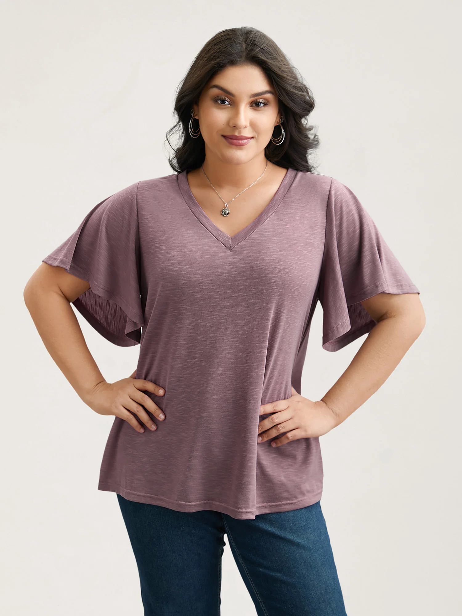 V-Neck Stretchy Flared Sleeve T-Shirt - Image 3