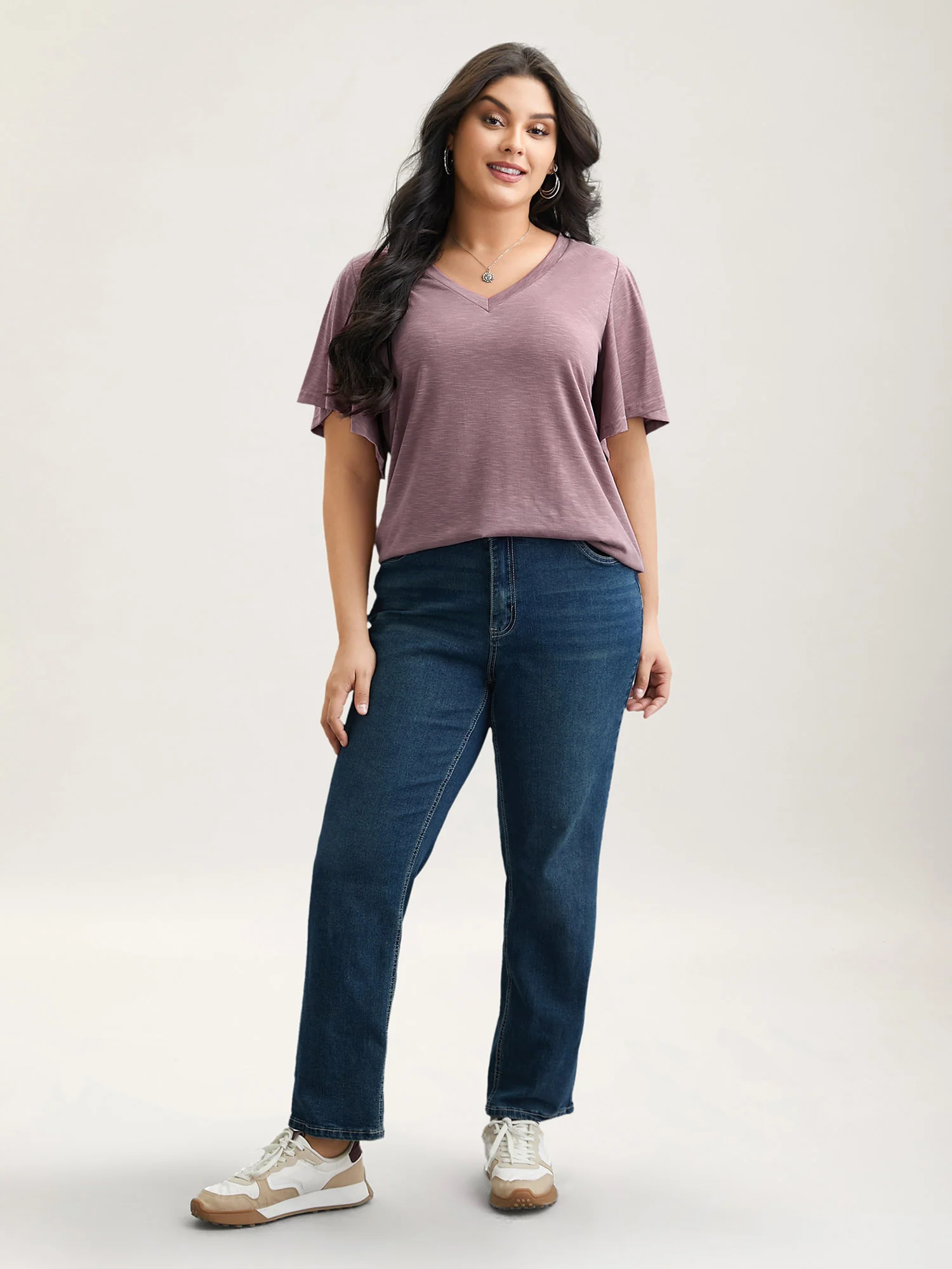V-Neck Stretchy Flared Sleeve T-Shirt - Image 4
