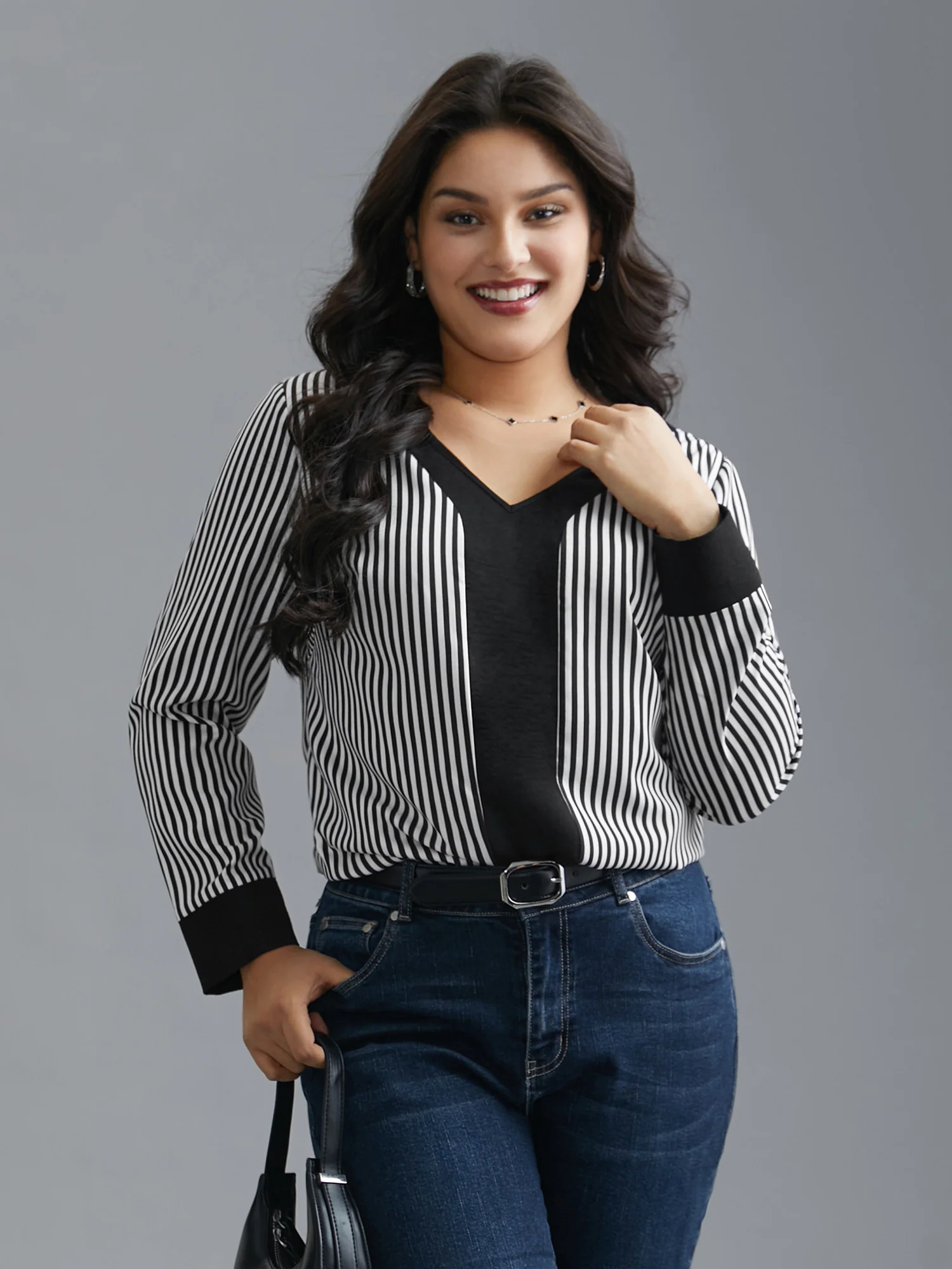 V Neck Striped Patchwork Blouse - Image 2