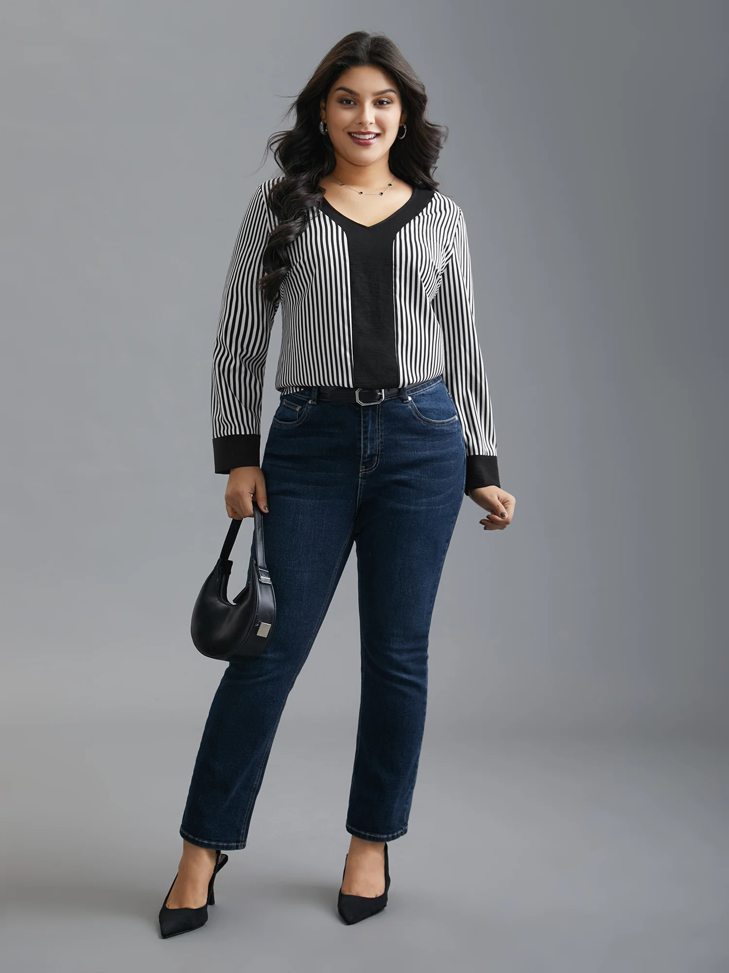 V Neck Striped Patchwork Blouse - Image 3