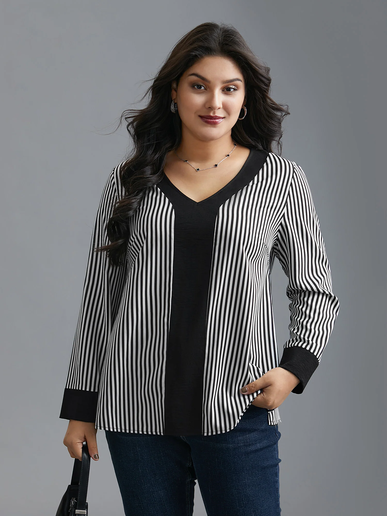 V Neck Striped Patchwork Blouse - Image 4